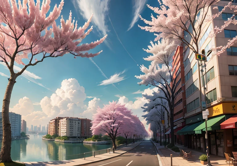 This picture depicts a city with many cherry trees, cherry trees, and lush cherry trees. The bustling tech architecture is beyond imagination. Cherry blossom trees are blooming in the sci-fi building in the distance. Pink cherry blossoms are blooming everywhere. The surreal clouds, the breathtaking clouds, the few passers-by, and the details of the characters are all clear at a glance. Inspired by Makoto Shinkai's popular conceptual art and masterpiece on pixiv, farsightedness (wide-angle lens), ultra-high resolution (realism: 1.4), ultra-high resolution (photo impression: 1.48), ultra-high quality, extremely detailed CG Unity 8k wallpapers, aesthetics, award-winning photography, realism, high detail, intricate, exquisite animated scenes, and anime-style cityscapes. The art of traveling