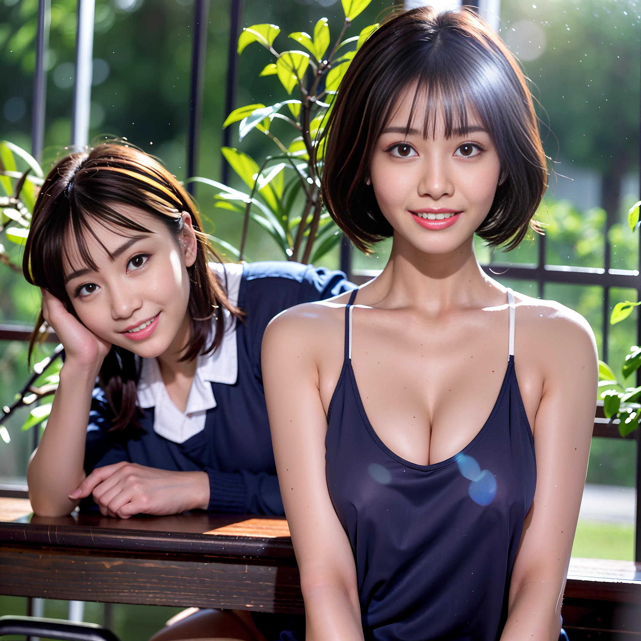 (amazing), (top quality), (sunshine: 1.3), (photorealistic), short dark hair, school uniform, (exposed face: 1.4), fair skin, cleavage, girl, (white skin: 1.56), fluffy hair, smiling, watching the audience, school classroom, (high school girl)