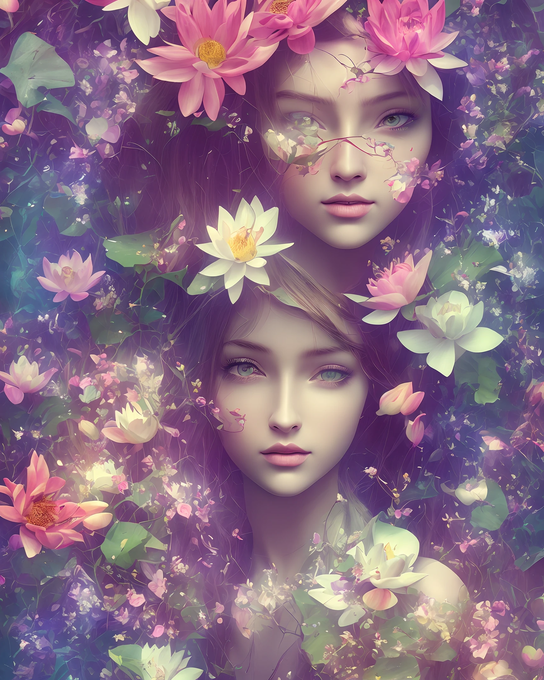 Surrounded by flowers, lotus, lotus, future girl's head close-up, cute, Cyber Fairy Grunge, illustration, wide angle, Subtane 3D, Grainy, Performance, Azure Colores, Happycore, Hard Lightine, Ultra Realistic, Photo Realism, Octane Rendering, Unreal Engine, Ultra Details, Volumetric Lighting, HDR, Octane Drawing, Fantasy, Full HD