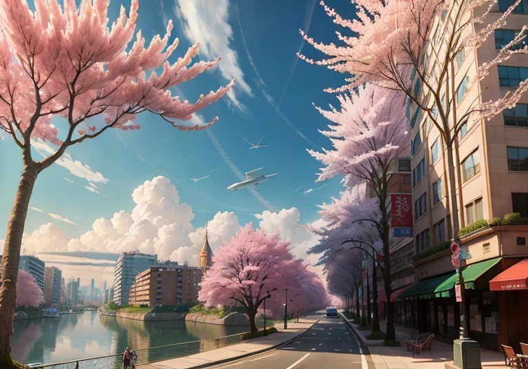 This picture depicts a city with many cherry trees, cherry trees, and lush cherry trees. The bustling tech architecture is beyond imagination. Cherry blossom trees are blooming in the sci-fi building in the distance. Pink cherry blossoms are blooming everywhere. The surreal clouds, the breathtaking clouds, the few passers-by, and the details of the characters are all clear at a glance. Inspired by Makoto Shinkai's popular conceptual art and masterpiece on pixiv, farsightedness (wide-angle lens), ultra-high resolution (realism: 1.4), ultra-high resolution (photo impression: 1.48), ultra-high quality, extremely detailed CG Unity 8k wallpapers, aesthetics, award-winning photography, realism, high detail, intricate, exquisite animated scenes, and anime-style cityscapes. The art of traveling