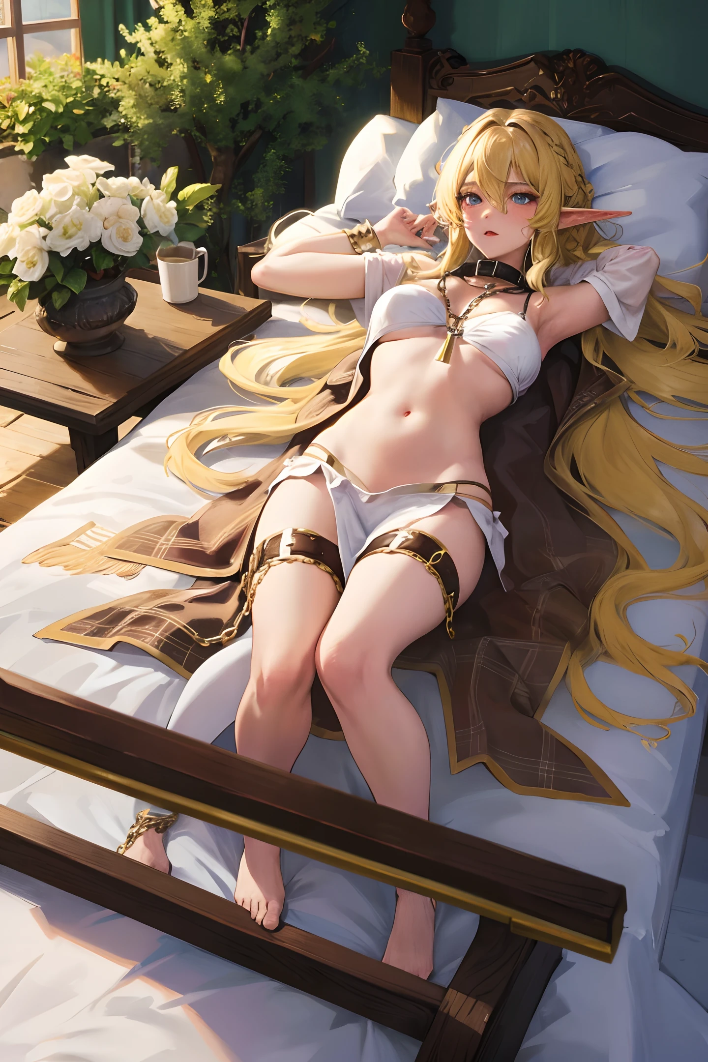multicolor hair, blonde, elf, cottage, slave collar, slave chains, boobs, laying on bed
