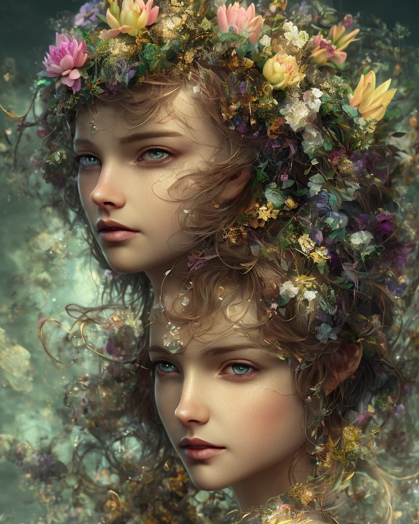 Wearing a garland on her head, all kinds of flowers, lotus, lotus, future girl's head close-up, cute, Cyber Fairy Grunge, illustration, wide angle, Subane 3D, Grainy, Performance, Azure Colores, Happycore, Hard Lightine, Ultra Realistic, Photo Realism, Octane Rendering, Unreal Engine, Ultra Details, Volumetric Lighting, HDR, Octane Drawing, Fantase, Full HD