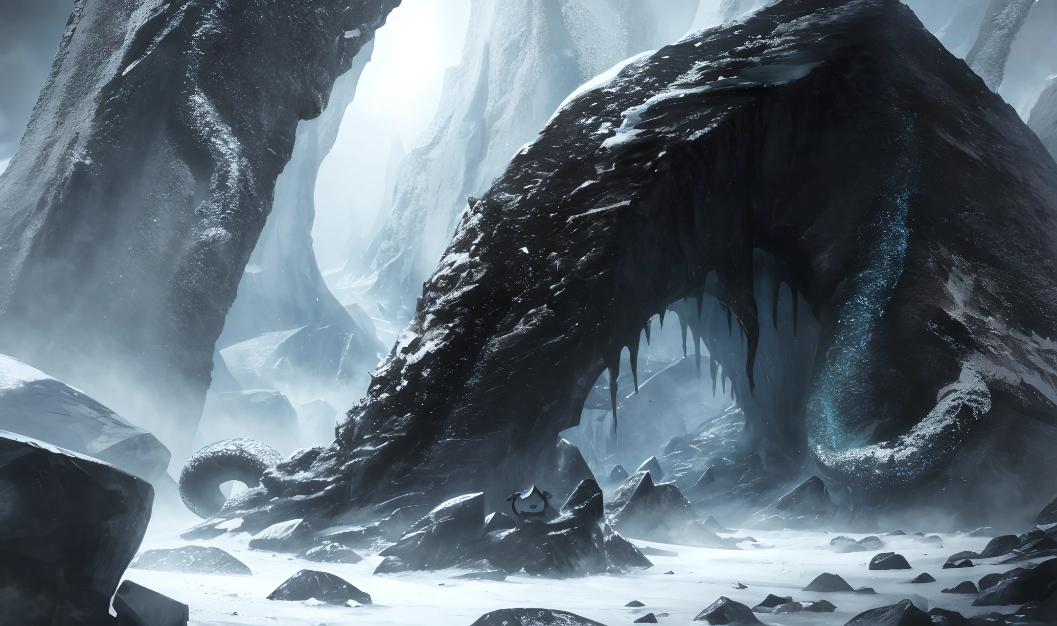 Dark landscape, Govadlovecraft, ice and rock, strange creatures with tentacles, alien creatures, epic, Cthulhu style, high detalisarion, cornflowers