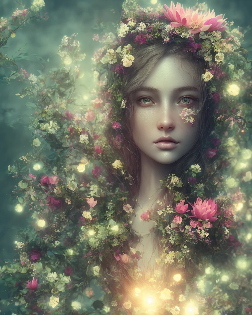 Wreaths on the head, all kinds of flowers, lotus, lotus, future girl's head close-up, perfect and delicate, expression cute, Cyber Fairy Grunge, illustration, wide angle, Subane 3D, Grainy, Perfance, Azure Colores, Happycore, Hard Lightine, Ultra Realism, Photo Realism, Octane Rendering, Unreal Engine, Ultra Detail, Volumetric Lighting, HDR, Octane Drawing, Fantase, Full HD