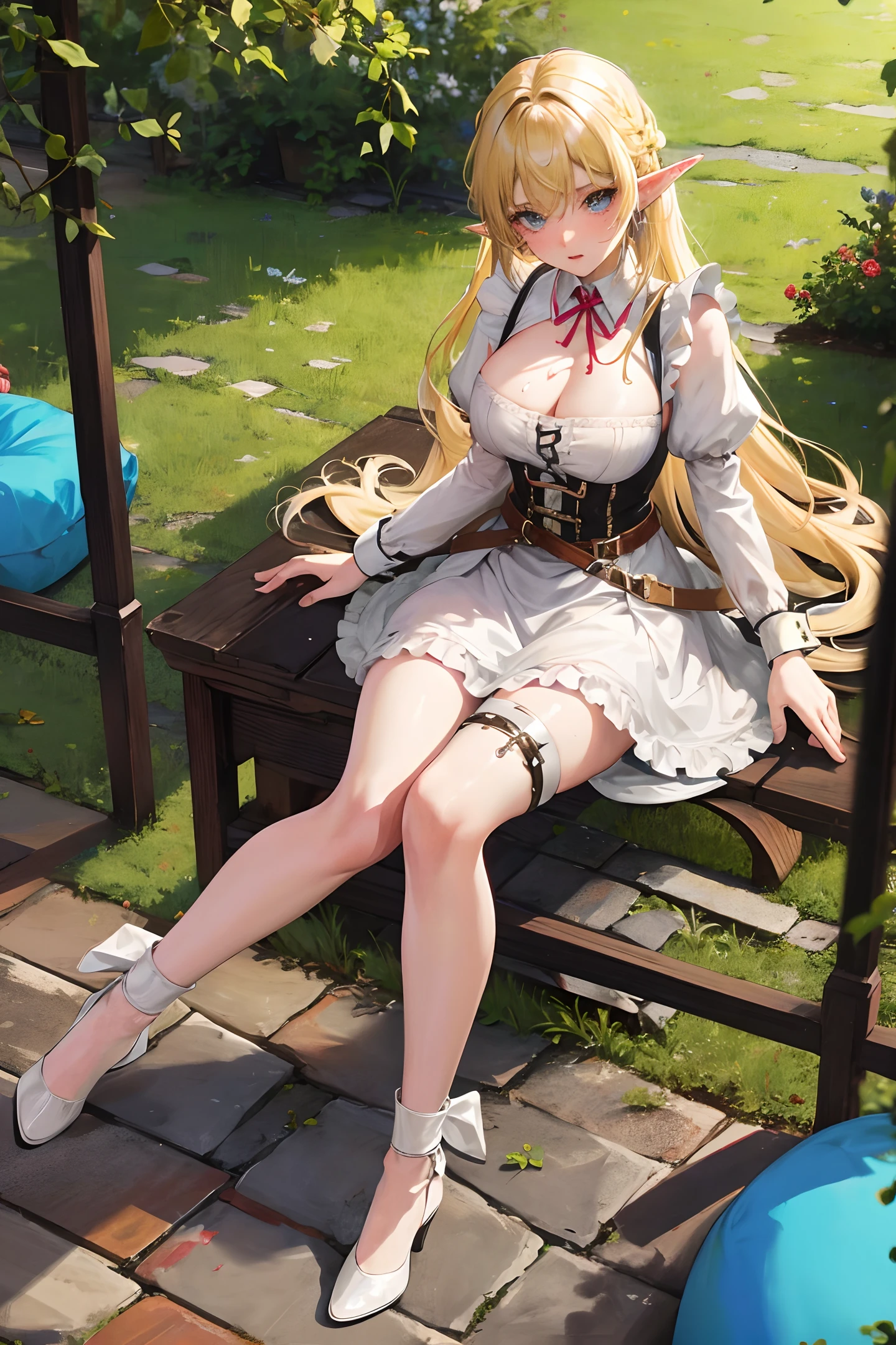 multicolor hair, blonde, elf, cottage, slave collar, slave chains, boobs, legs spread, maid, cum on the floor