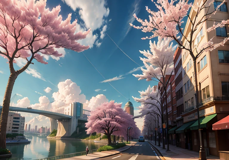 This picture depicts a city with many cherry trees, cherry trees, and lush cherry trees. The bustling tech architecture is beyond imagination. Cherry blossom trees are blooming in the sci-fi building in the distance. Pink cherry blossoms are blooming everywhere. The surreal clouds, the breathtaking clouds, the few passers-by, and the details of the characters are all clear at a glance. Inspired by Makoto Shinkai's popular conceptual art and masterpiece on pixiv, farsightedness (wide-angle lens), ultra-high resolution (realism: 1.4), ultra-high resolution (photo impression: 1.48), ultra-high quality, extremely detailed CG Unity 8k wallpapers, aesthetics, award-winning photography, realism, high detail, intricate, exquisite animated scenes, and anime-style cityscapes. The art of traveling