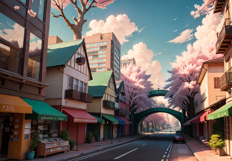 This picture depicts a city with many cherry trees, cherry trees, and lush cherry trees. The bustling tech architecture is beyond imagination. Cherry blossom trees are in full bloom. Pink cherry blossoms are blooming everywhere. The surreal clouds, the breathtaking clouds, the few passers-by, and the details of the characters are all clear at a glance. Smart buildings, tech stores, inspired by Makoto Shinkai's popular conceptual art and masterpieces on pixiv, foresight (wide-angle lens), ultra-high resolution (realism: 1.4), HDR, UHD, ultra-high resolution (photorealistic: 1.48), enhanced detail, natural light, professional shooting, shooting with a Sony a9 II mirrorless camera, extremely detailed CG Unity 8k wallpapers, aesthetics, award-winning photography, realism, high detail, intricate animations, and vivid cityscapes. The art of traveling