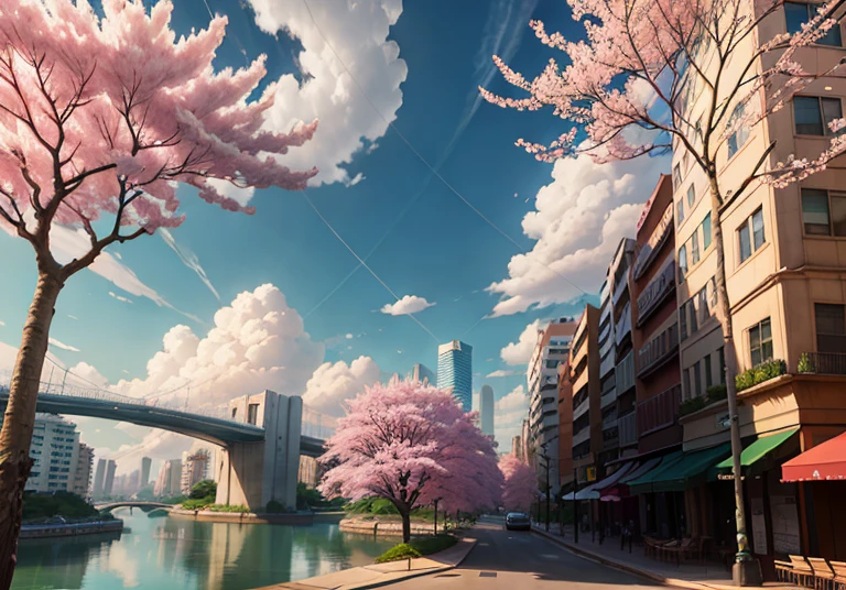 This picture depicts a city with many cherry trees, cherry trees, and lush cherry trees. The bustling tech architecture is beyond imagination. Cherry blossom trees are blooming in the sci-fi building in the distance. Pink cherry blossoms are blooming everywhere. The surreal clouds, the breathtaking clouds, the few passers-by, and the details of the characters are all clear at a glance. Inspired by Makoto Shinkai's popular conceptual art and masterpiece on pixiv, farsightedness (wide-angle lens), ultra-high resolution (realism: 1.4), ultra-high resolution (photo impression: 1.48), ultra-high quality, extremely detailed CG Unity 8k wallpapers, aesthetics, award-winning photography, realism, high detail, intricate, exquisite animated scenes, and anime-style cityscapes. The art of traveling