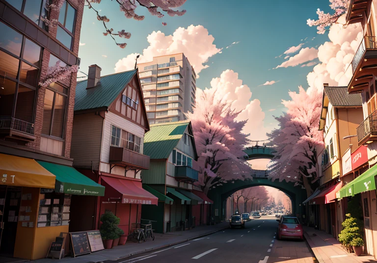 This picture depicts a city with many cherry trees, cherry trees, and lush cherry trees. The bustling tech architecture is beyond imagination. Cherry blossom trees are in full bloom. Pink cherry blossoms are blooming everywhere. The surreal clouds, the breathtaking clouds, the few passers-by, and the details of the characters are all clear at a glance. Smart buildings, tech stores, inspired by Makoto Shinkai's popular conceptual art and masterpieces on pixiv, foresight (wide-angle lens), ultra-high resolution (realism: 1.4), HDR, UHD, ultra-high resolution (photorealistic: 1.48), enhanced detail, natural light, professional shooting, shooting with a Sony a9 II mirrorless camera, extremely detailed CG Unity 8k wallpapers, aesthetics, award-winning photography, realism, high detail, intricate animations, and vivid cityscapes. The art of traveling