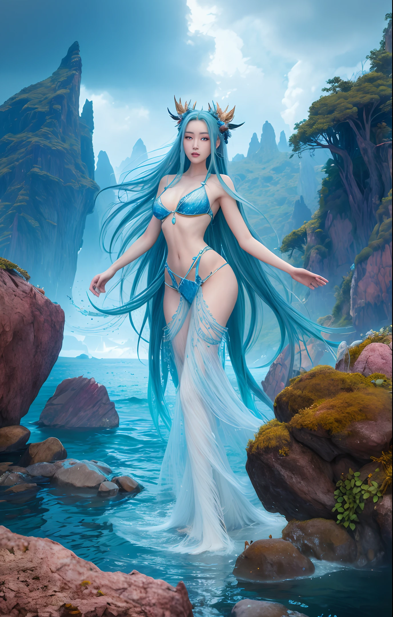 Prompt:
An otherworldly and mysterious creature, "Jingwei" stands tall and proud, with her long flowing hair billowing around her. She has a gaze that penetrates the soul, and her powerful wings spread majestically behind her. The intricate details of her feathers and the subtle glow of her eyes make for an ultra-detailed CG artwork that has a rich and fantastical vibe. The backdrop is a surreal landscape with a blend of the ethereal and earthly elements, featuring clouds, water, rocks, and other natural elements. The lighting creates a sense of otherworldliness with an emphasis on the mysterious and mystical qualities of the scene.