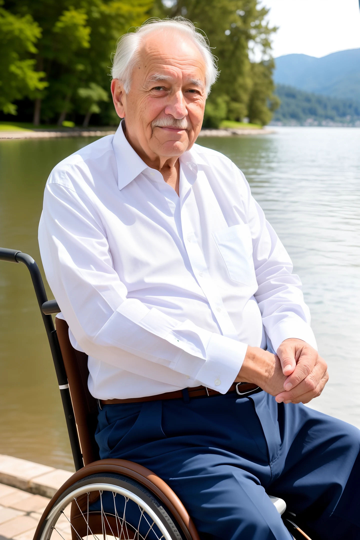 RAW photo, (HD detail skin: 1.2), 8k Ultra HD, DSLR camera, soft light, high definition, cinema-grade particles, Fujifilm XT3, a European man, 90 years old, (in a wheelchair), wearing wide brown pants and a white shirt, background: lakeside. A well-defined face and sunken cheeks,