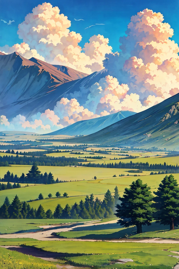 Concept art, samia, tree, landscape, cloud, outdoors, sky, day, mountains, grass, nature, mask style, best quality, perfect