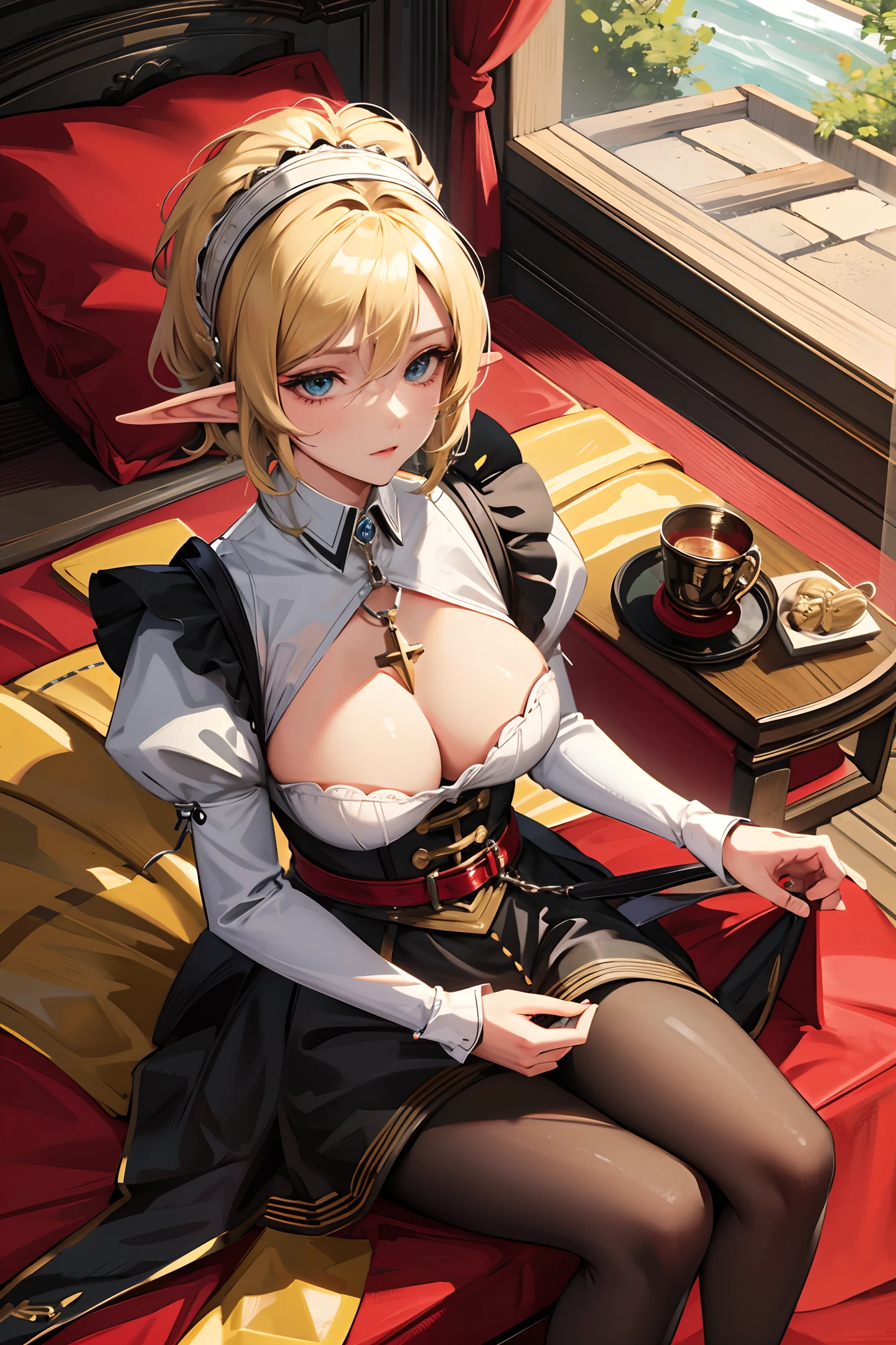 elf, blonde, short hair, slave chains, slave collar, maid,messy hair,big breast,masterpiece,8k,perfect anatomy,bed,flushed face,best quality,1 girl,centered, cottage