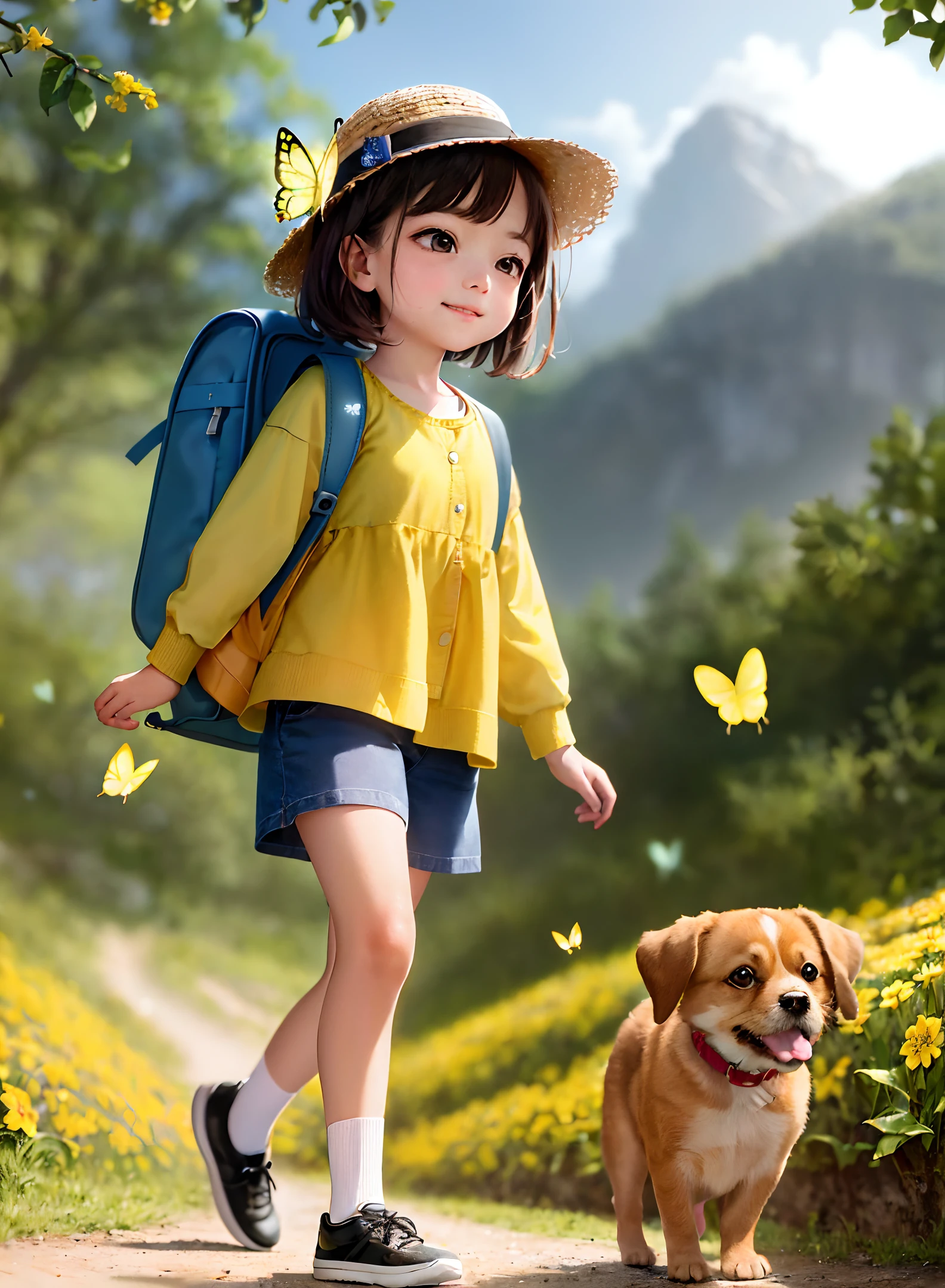 An incredibly adorable *********** with a backpack, accompanied by her adorable puppy, enjoys a wonderful spring walk surrounded by beautiful yellow flowers and natural scenery. High resolution 4k illustration with highly detailed facial features and cartoon style visuals (Butterfly Dance).