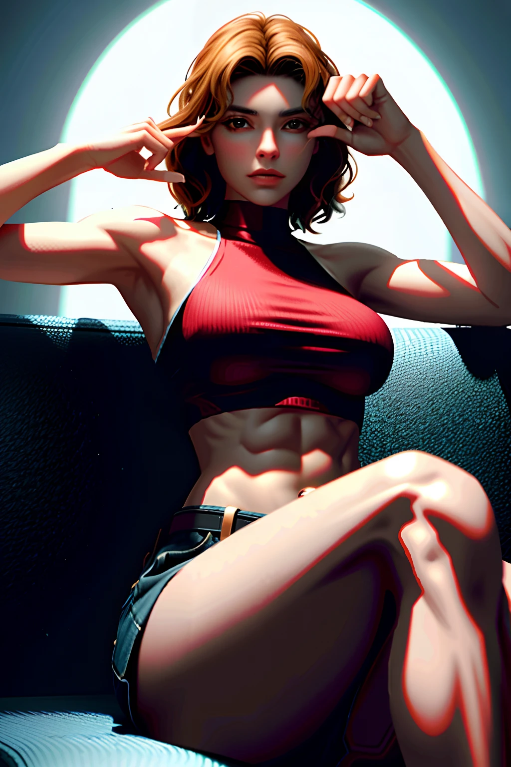 there is a woman sitting on a couch with a red purse, posing ready for a fight, sitting on the couch, sitting on couch, sitting on a couch, sitting down casually, sitting on the sofa, in an action pose, in the style of sifu 🔥 😎 🕹️ 👀, casual pose, cool pose, doing a sassy pose, badass pose. Curly hair, hyper detailed,best quality,cinematic light, (beautiful detailed), rose tattoes