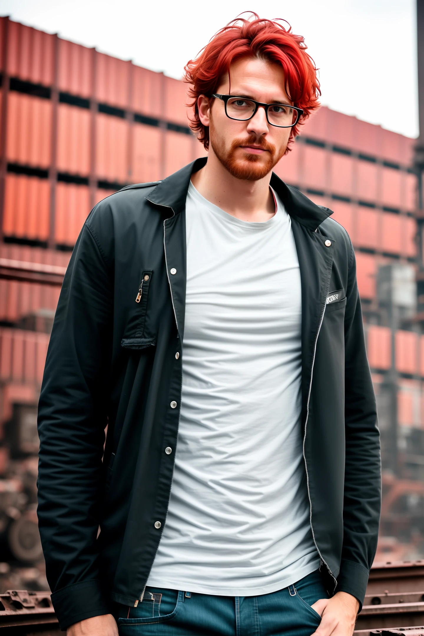 RAW photos, (HD detail skin: 1.2), 8k Ultra HD, DSLR, (dim lighting), high definition, movie particles, Fujifilm XT3,
Red hair, glasses, crazy, tall (handsome), wearing ripped pants and an unwashed shirt, (crazy), (dark circles),
(Background: heavy machinery, factories, metal materials),