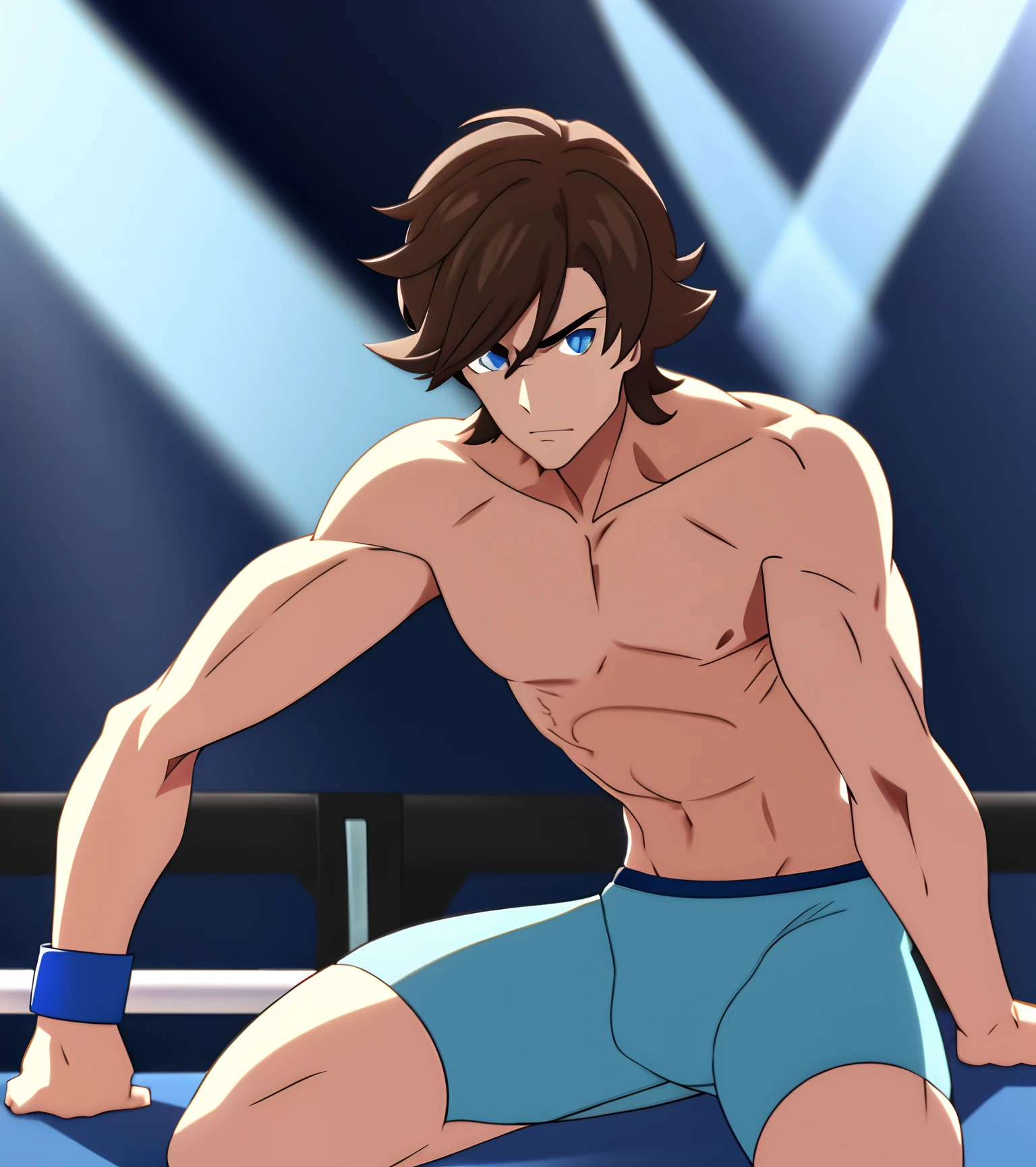 hilbert_(pokemon), highres, best quality, shirtless, light blue briefs, lean body, brown hair, blue eyes, blue wristbands, lying, bare pectorals, fair skin, at a wrestling ring, solo, {{masterpiece}}