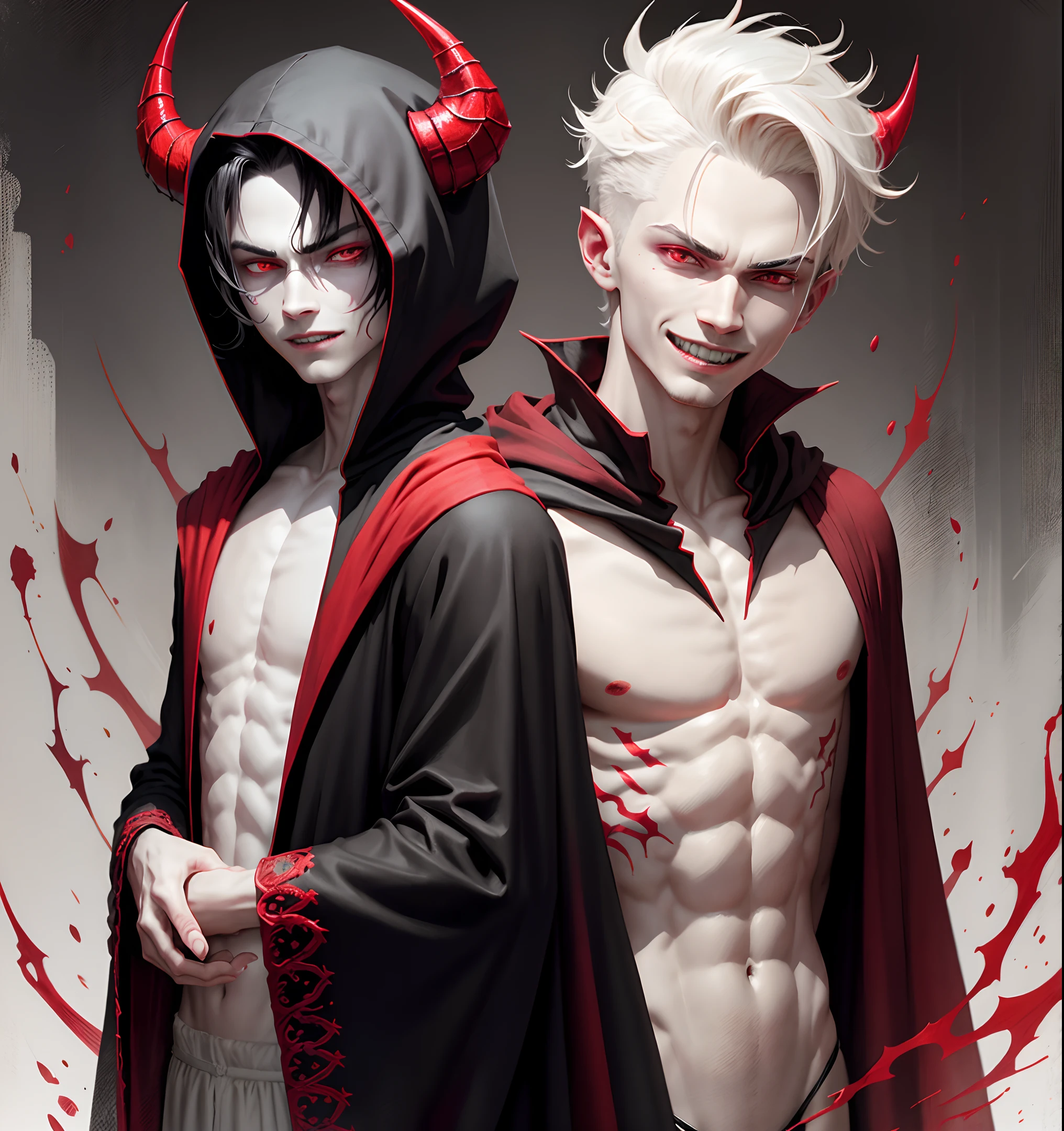 masterpiece, best quality, there is a man with a tattoo on his chest and yellow pants, a screenshot inspired by Jang Seung-eop, trending on cg society, vanitas, skinny male fantasy alchemist, demon male, djinn man male demon, fit male demon with white horns, male djinn man demon hybrid, albino mystic, human male demon, man male demon, evil devious male.