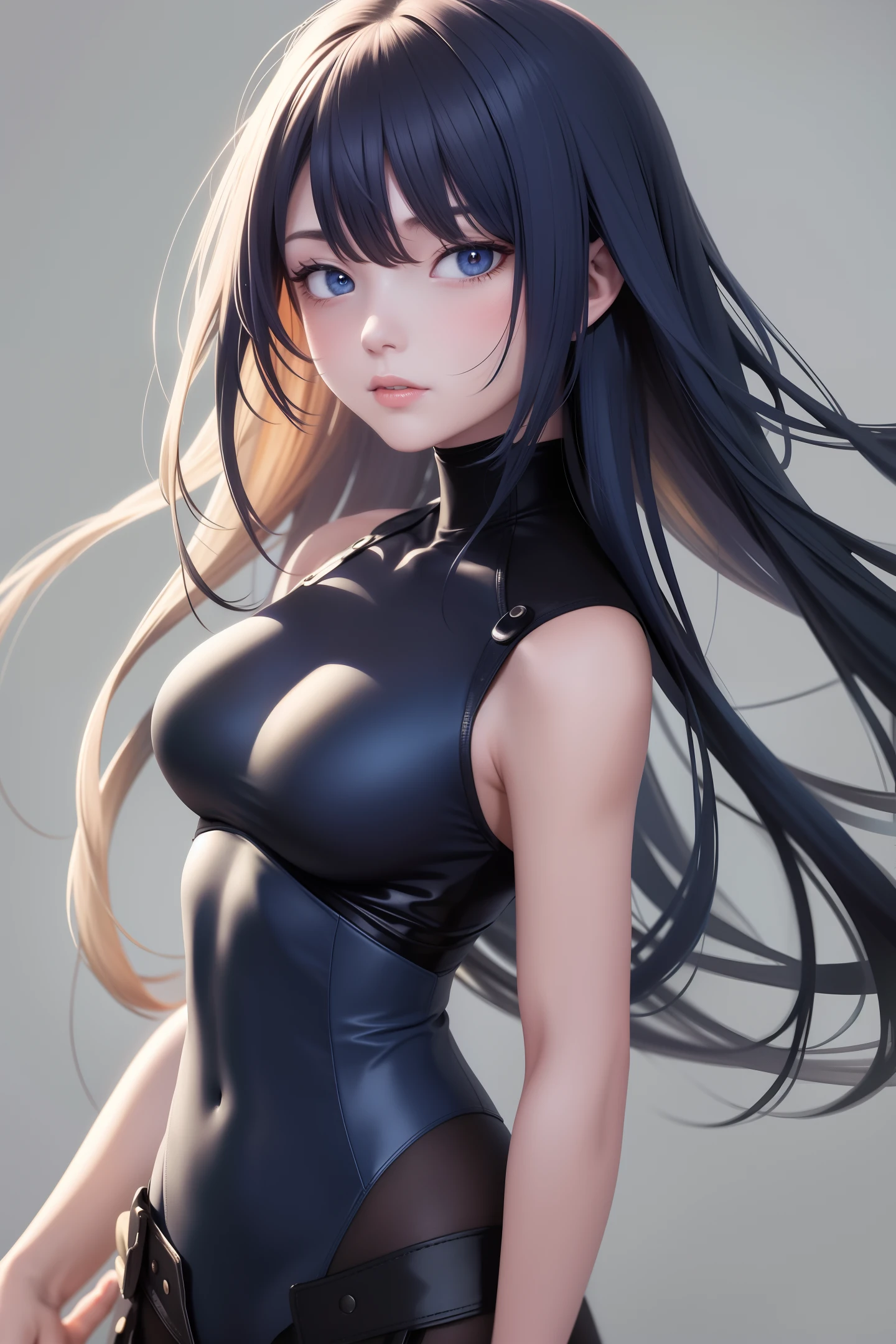 best quality, masterpiece, dark blue hair, blond eyes, slightly skewed head, upper body