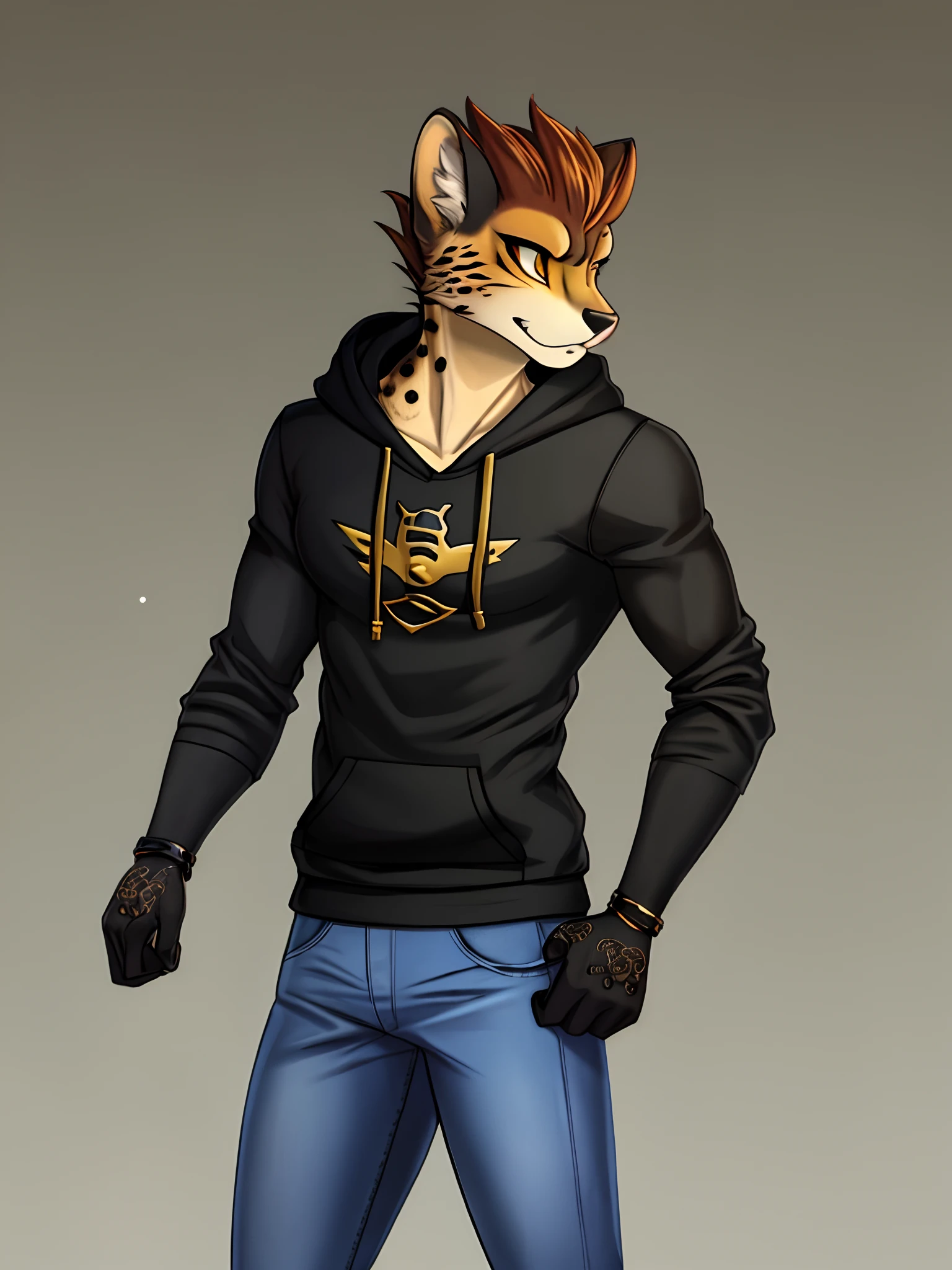 cheetah male furry, fursona, anthropomorphic, anthro, jeans, black hoodie, (Furry), havoc bronze hair, femboy, solo