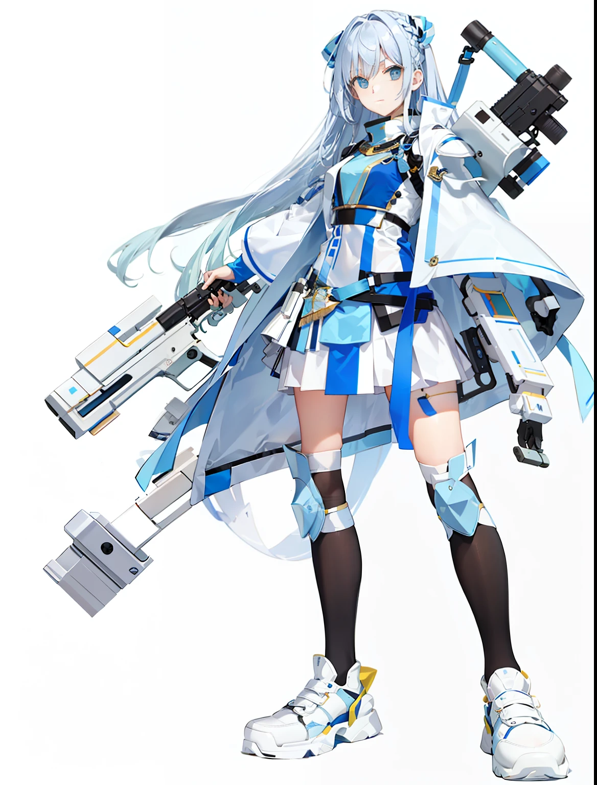 (masterpiece, fine eyes: 1.2), light blue hair, sense of mechanics, holding a gun in both hands, future, technology, blue and white clothes, short skirt