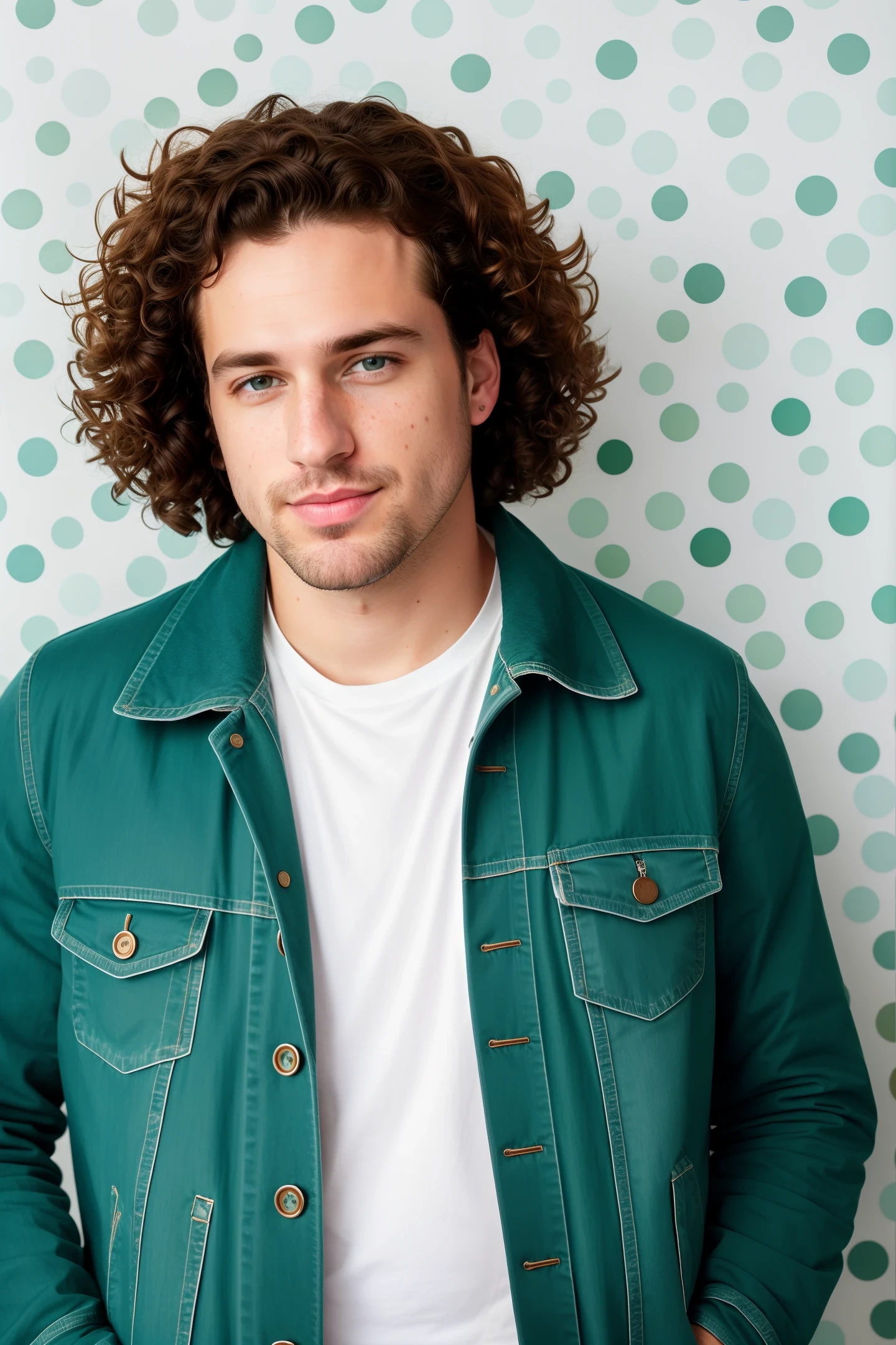 RAW photos, (HD detail skin: 1.2), 8k Ultra HD, DSLR, (dim lighting), high definition, movie particles, Fujifilm XT3,
A 30-year-old man with curly brown hair, writer, with blue eyes (freckles) on his face and a brown jacket. Background: A room covered with white diamond pattern wallpaper on a green background,