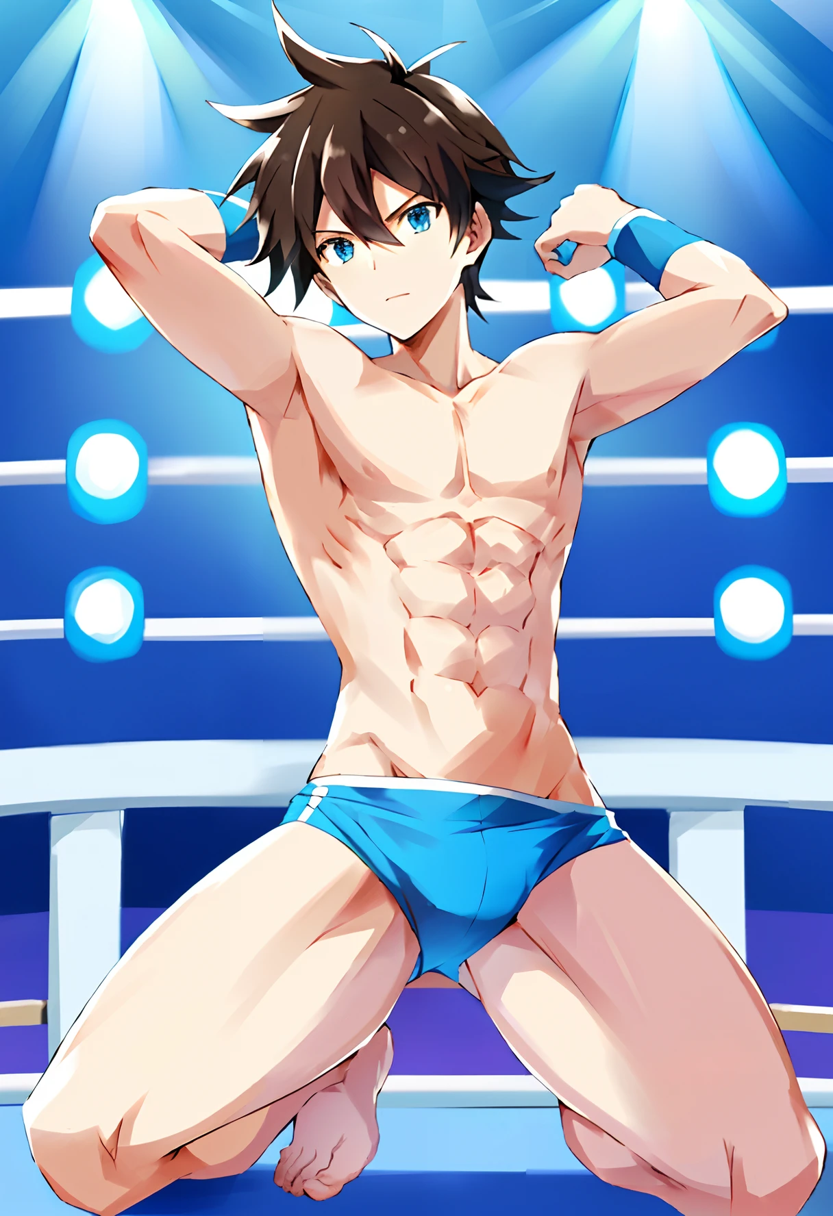 hilbert_(pokemon), highres, best quality, shirtless, light blue briefs, lean body, brown hair, blue eyes, blue wristbands, lying, bare pectorals, fair skin, at a wrestling ring, solo, {{masterpiece}}
