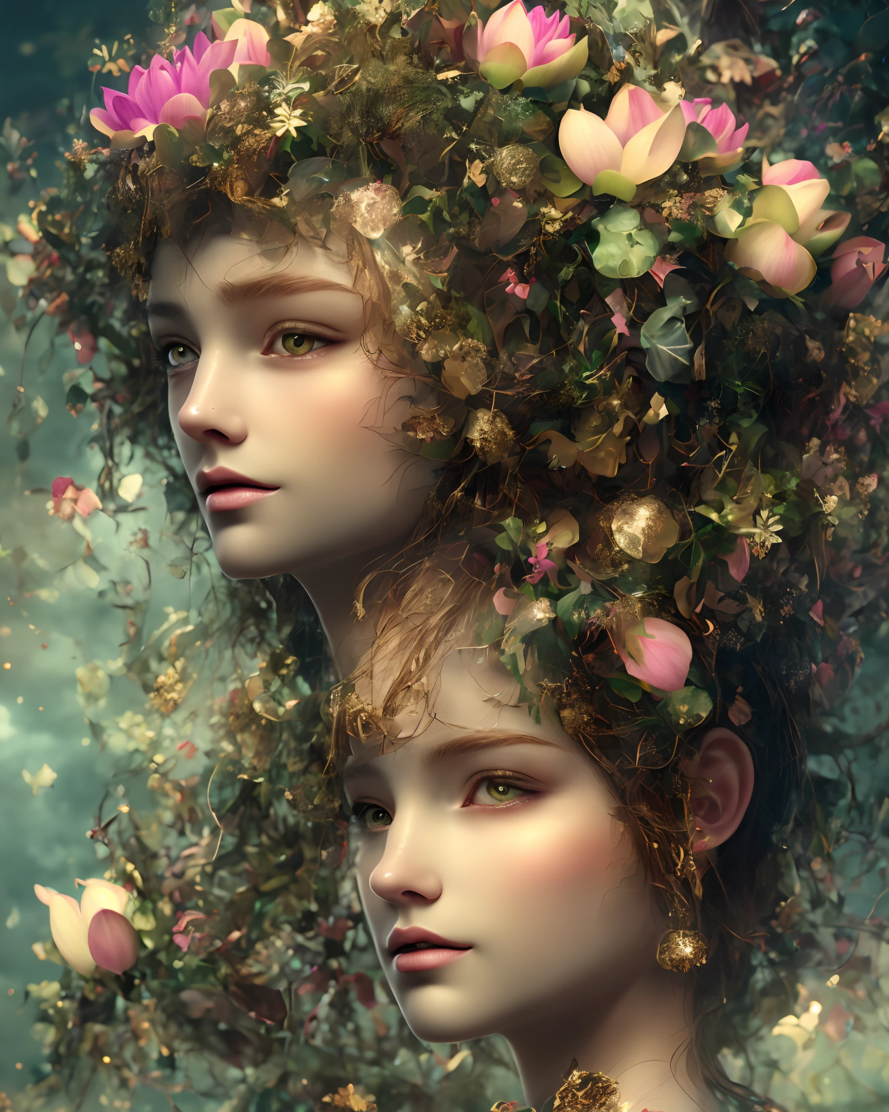 Wreaths on the head, various flowers, lotus, lotus, future girl's head close-up, cute, Cyber Fairy Grunge, illustration, wide angle, Subane 3D, Grainy, Perfance, Azure Colores, Happycore, Hard Lightine, Ultra Realistic, Photo Realism, Octane Rendering, Unreal Engine, Ultra Details, Volumetric Lighting, HDR, Octane Drawing, Fantase, Full HD