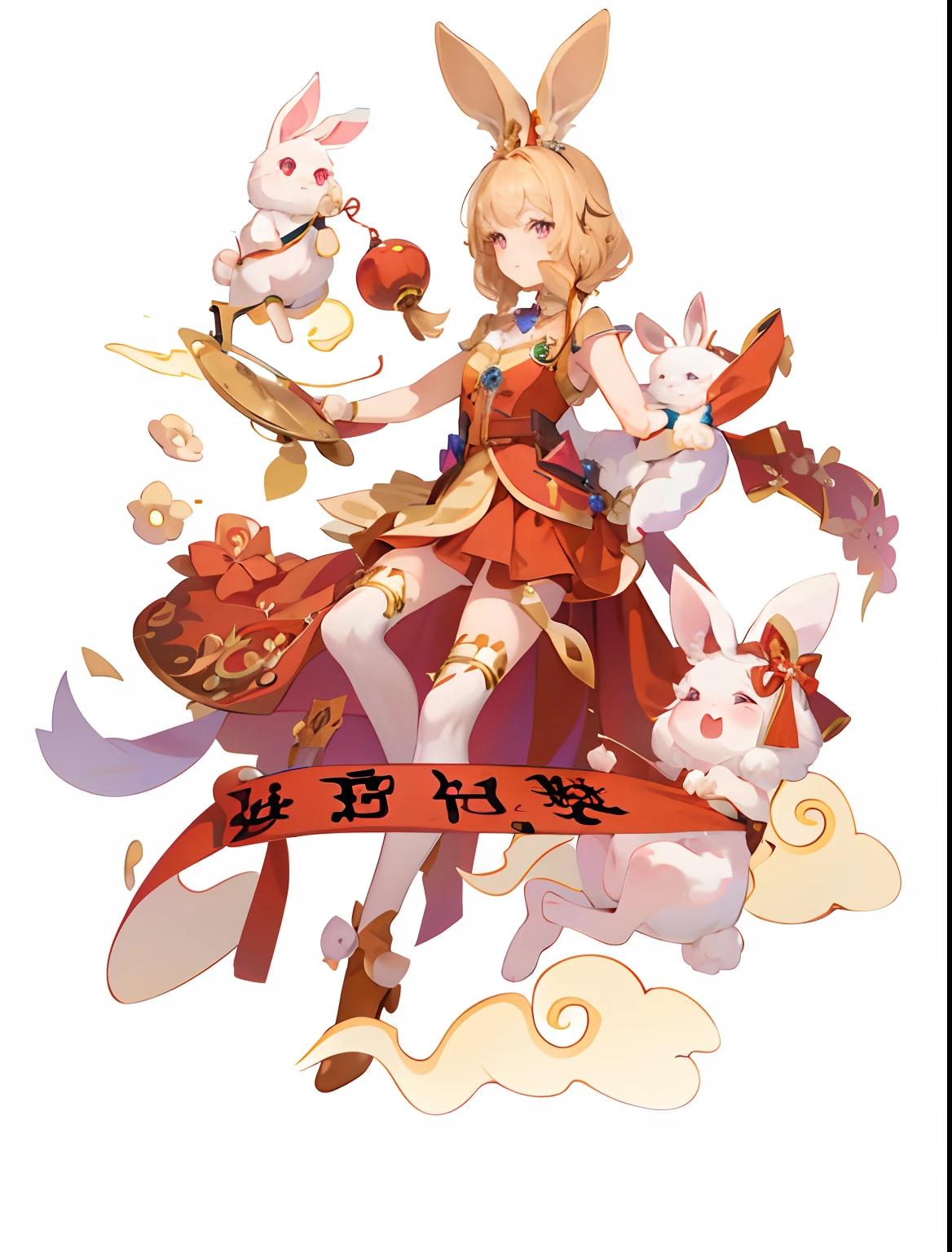 exquisite, 4k illustration, new year pictures, bunny ears, a girl and three rabbits, blond hair, hair pulled back, national style, big eyes, pink eyes