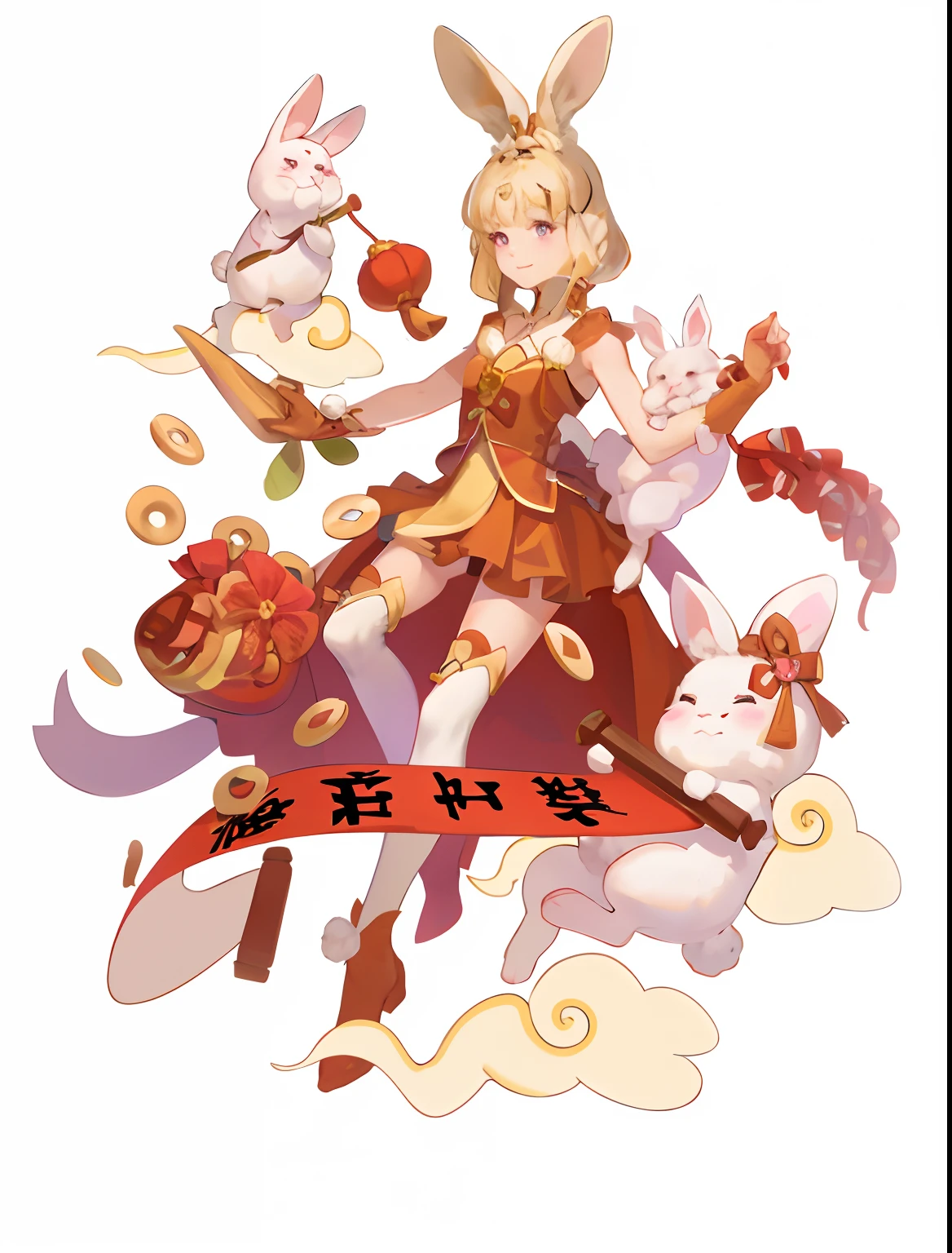 Delicate, 4k illustration, New Year's picture, bunny ears, a girl and three rabbits, blond hair, pulled hair, two-dimensional national style, big eyes, pink eyes