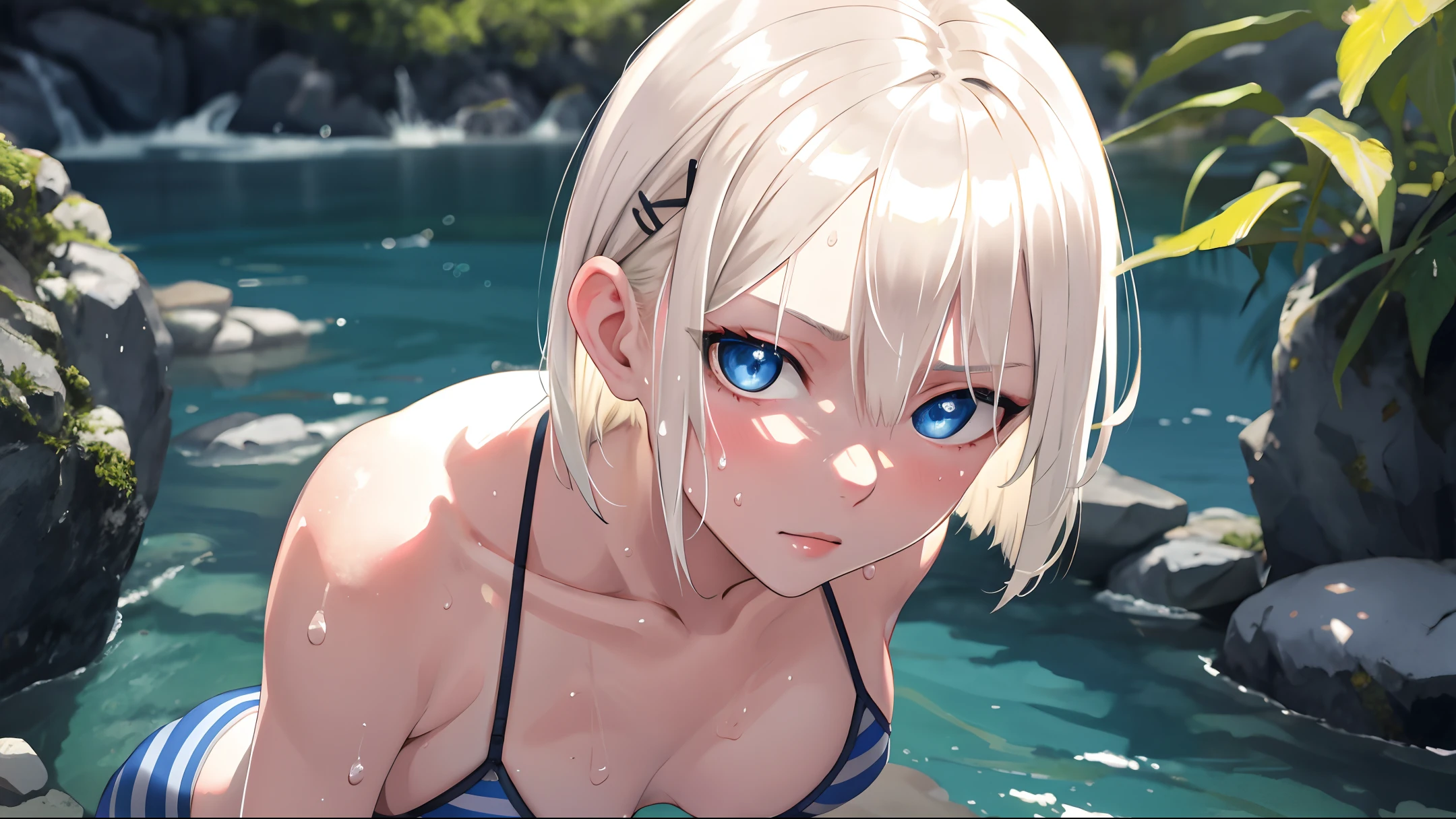 masterpiece, best quality, realistic, hyper-detailed, absurd, 1girl, full body, solo, stripe bikini, short hair, looking at viewer, platinum blonde hair, blue eyes, hairpin, slender, (shiny skin, sweaty:1.2), high resolution, sharp focus, depth of field, detailed eyes, sharp pupils, realistic pupils, (small breasts:0.8), (loli, thick thighs:0.5), outdoor, twilight, summer