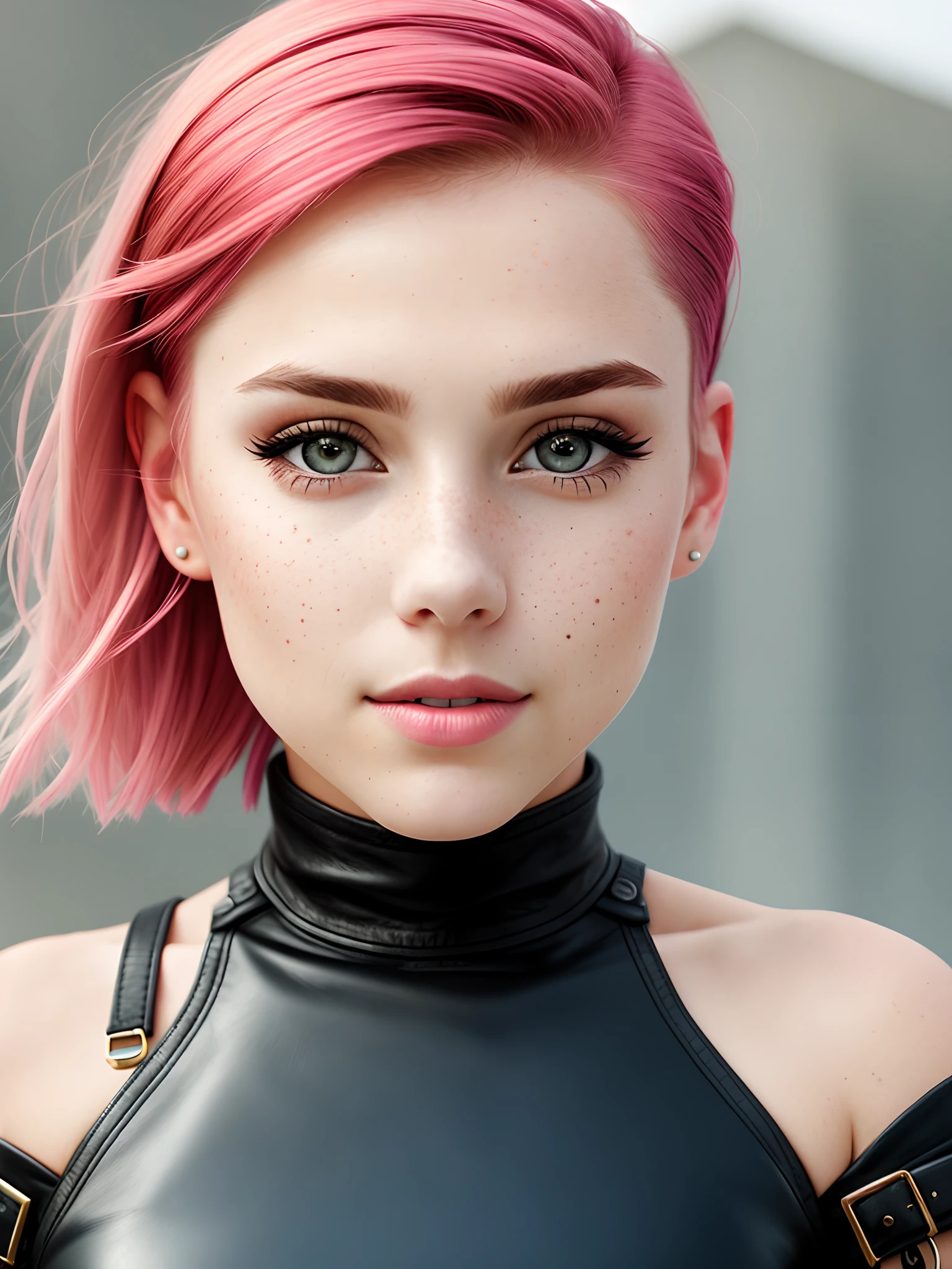 a closeup portrait of a playful girl, undercut hair, leather, amazing body, pronounced feminine feature, busty, future city, [ash blonde | ginger | pink hair], freckles, flirting with camera