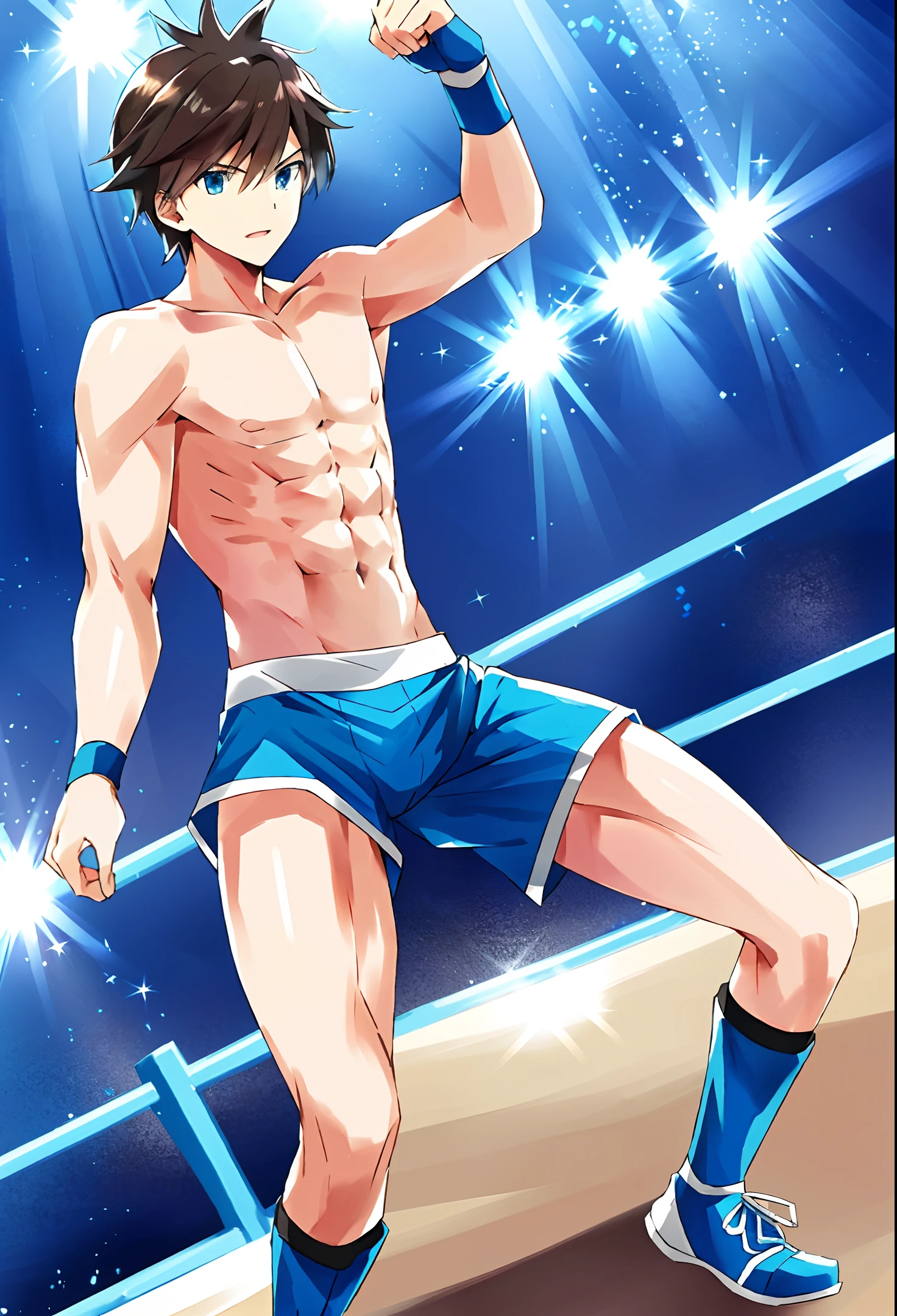 hilbert_(pokemon), highres, best quality, shirtless, light blue briefs, lean body, brown hair, blue eyes, wrestling boots, blue wristbands, bare pectorals, fair skin, at a wrestling ring, solo, {{masterpiece}}