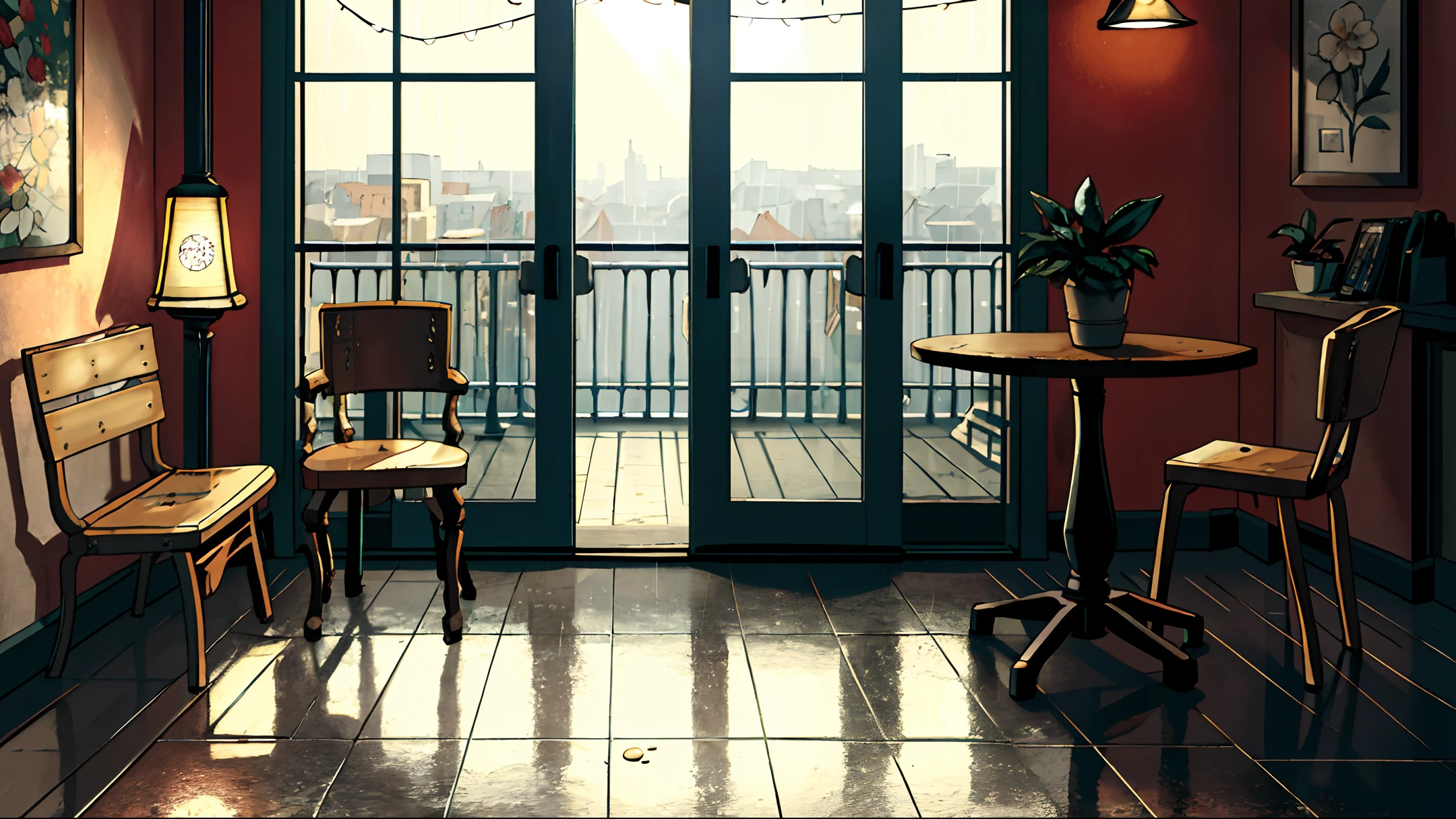 masterpiece, realistic, ultra detailed, absurdres, 50mm, (dynamic lighting:1.4), no humans, in door, city, rain, table, chair, large window, (curtain, foliage plant, coffee, building, road, river:0.7)