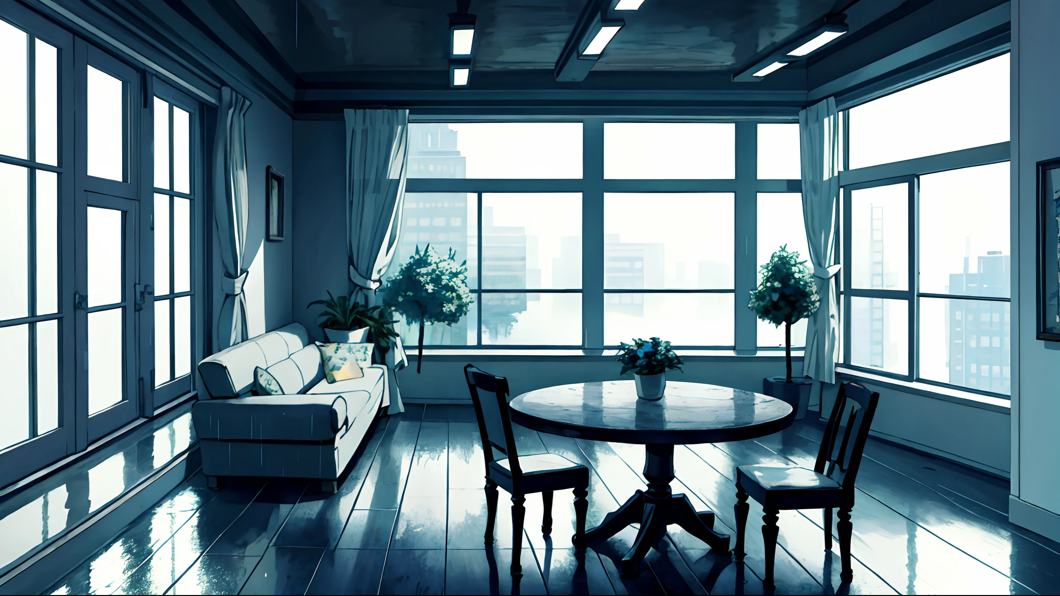 masterpiece, realistic, ultra detailed, absurdres, 50mm, (dynamic lighting:1.4), no humans, gloom, in door, city, large window, room is not wet, rain, table, (sofa, chair, curtain, foliage plant, drink, food, building, road, river:0.7)