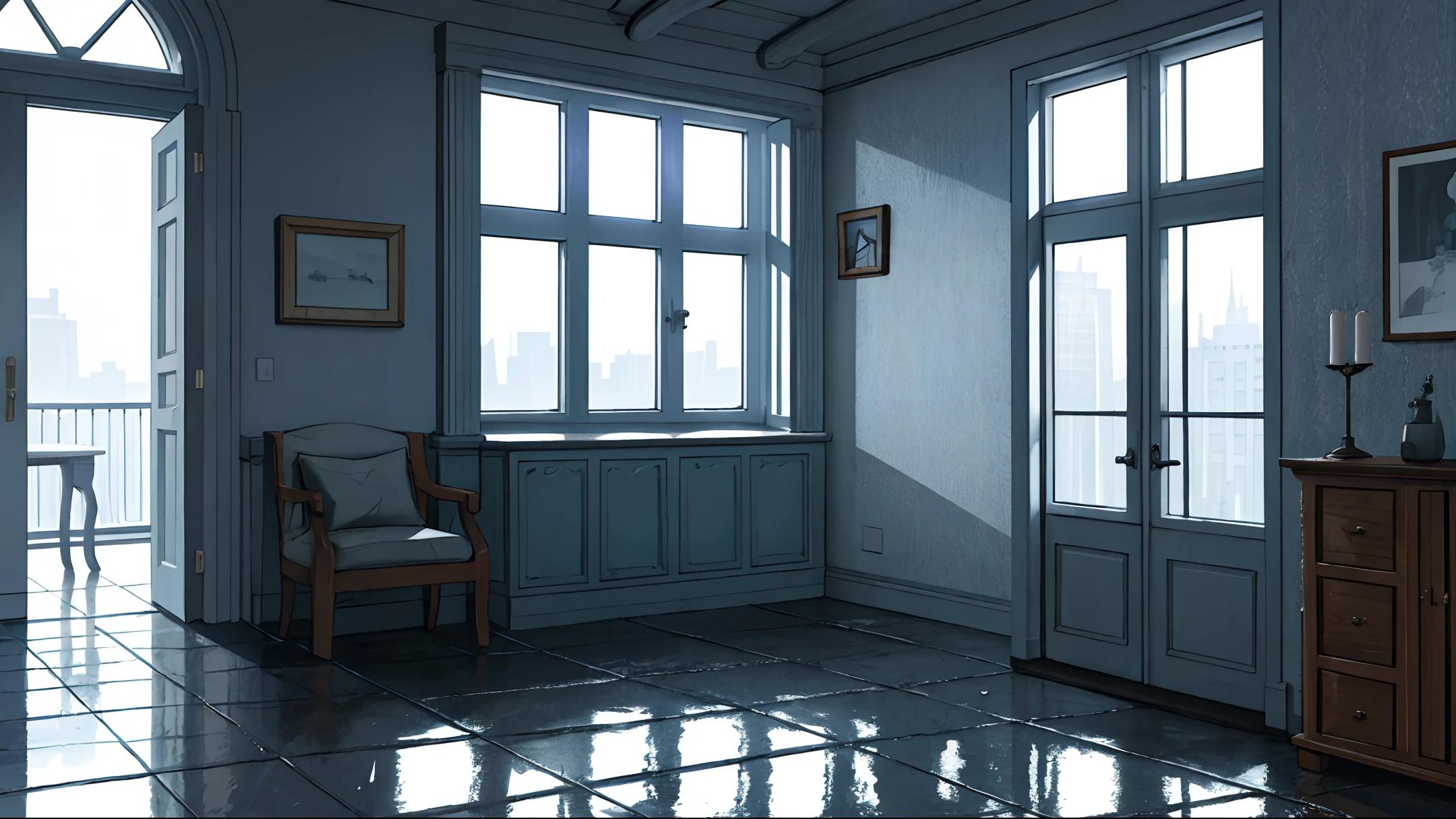 masterpiece, realistic, ultra detailed, absurdres, 50mm, (dynamic lighting:1.2), no humans, in door, 1door, city, large window, room is not wet, rain, table, indirect lighting, (sofa, chair, curtain, foliage plant, drink, food, building, road, river:0.7)