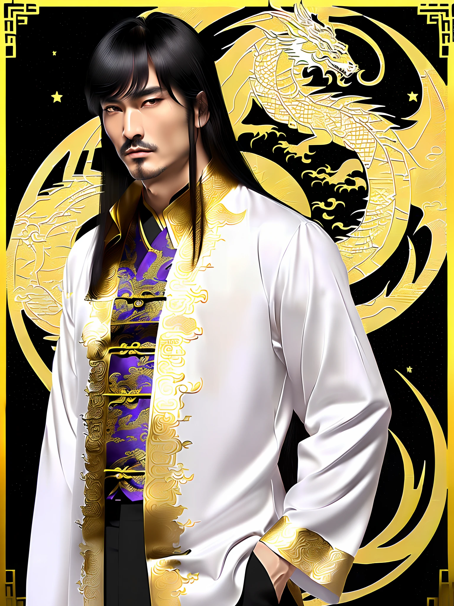 Masterpiece, Best Quality, Night, Full Moon, 1 Man, Mature Man, Chinese Style, Ancient China, Black Hair, Purple Eyes, Split Hair, Long Hair, Long Bangs, Handsome, Handsome, Masculine, Serious, Gentle, Tall, Calm, Yellow Clothes, White and Gold Alternatives, Golden Patterns, Dragon Patterns, Prince, Brush