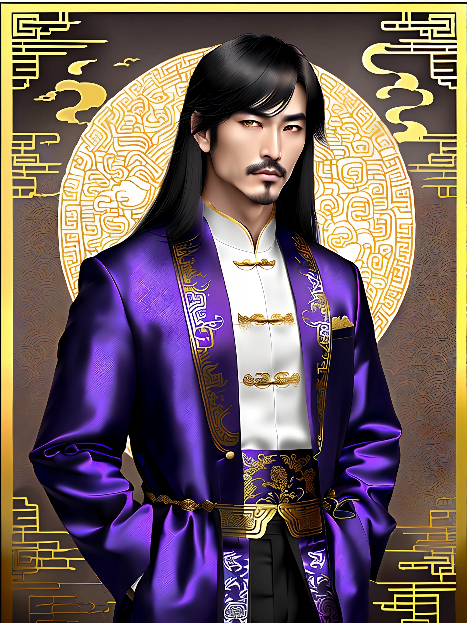 Masterpiece, Best Quality, Night, Full Moon, 1 Man, Mature Man, Chinese Style, Ancient China, Black Hair, Purple Eyes, Split Hair, Long Hair, Long Bangs, Handsome, Handsome, Masculine, Serious, Gentle, Tall, Calm, Yellow Clothes, White and Gold Alternatives, Golden Patterns, Dragon Patterns, Prince, Brush