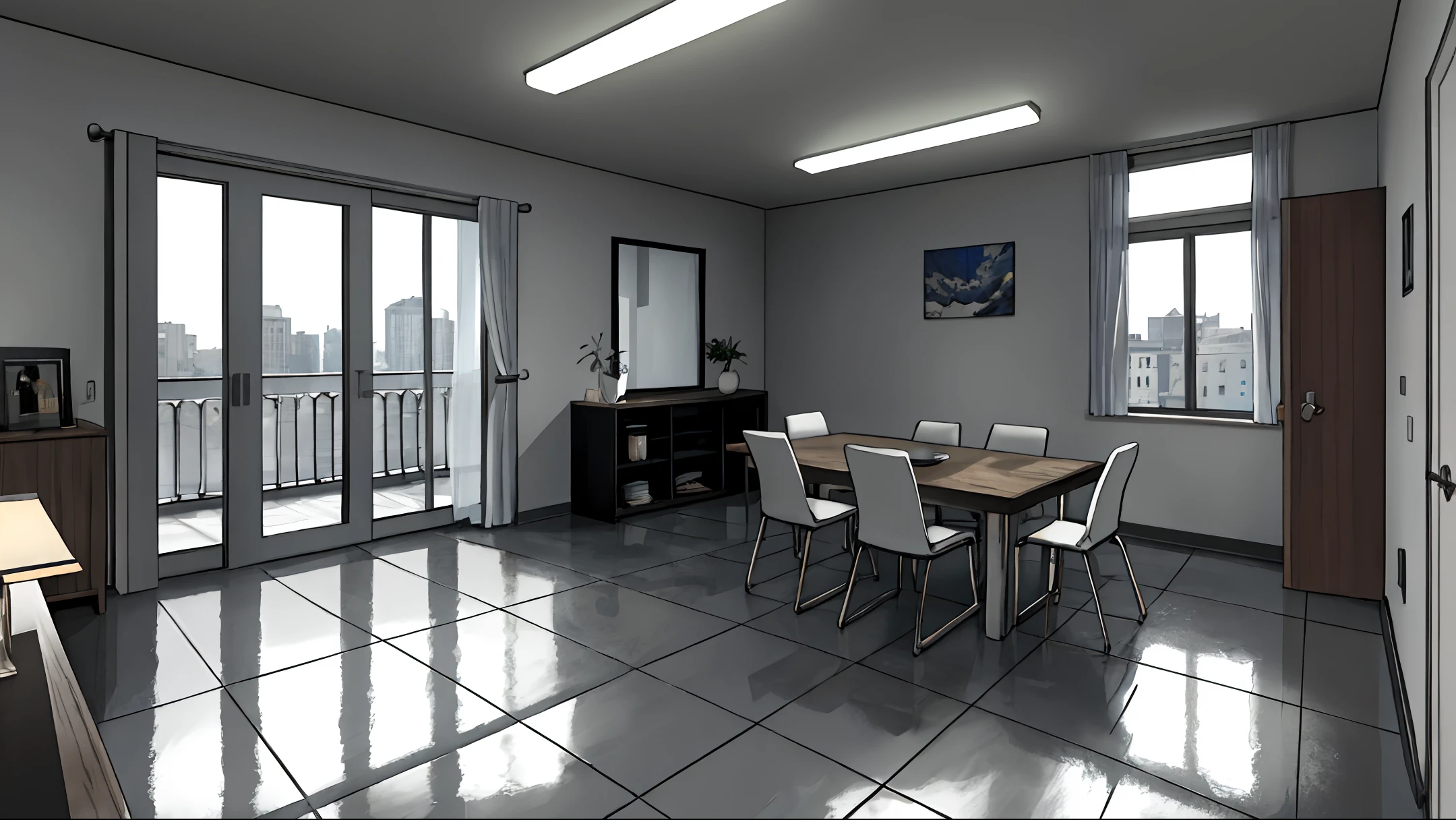 room introduction, masterpiece, realistic, ultra detailed, absurdres, 50mm, (dynamic lighting:1.2), no humans, in door, room is not wet, rain, city, apartment, large window, table, indirect lighting, (sofa, chair, curtain, foliage plant, mug, snack, building:0.7)