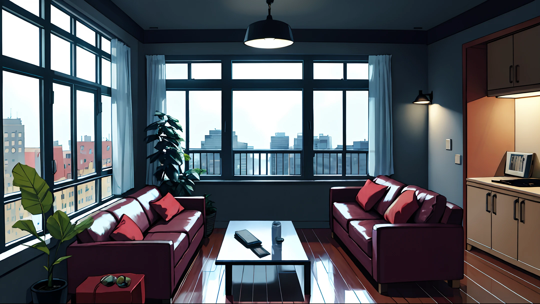 room introduction, masterpiece, realistic, ultra detailed, absurdres, 50mm, (dynamic lighting:1.2), no humans, indoor, room is not wet, rain, city, apartment, large window, table, indirect lighting, (brown sofa, chair, curtain, foliage plant, mug, snack, building:0.7)