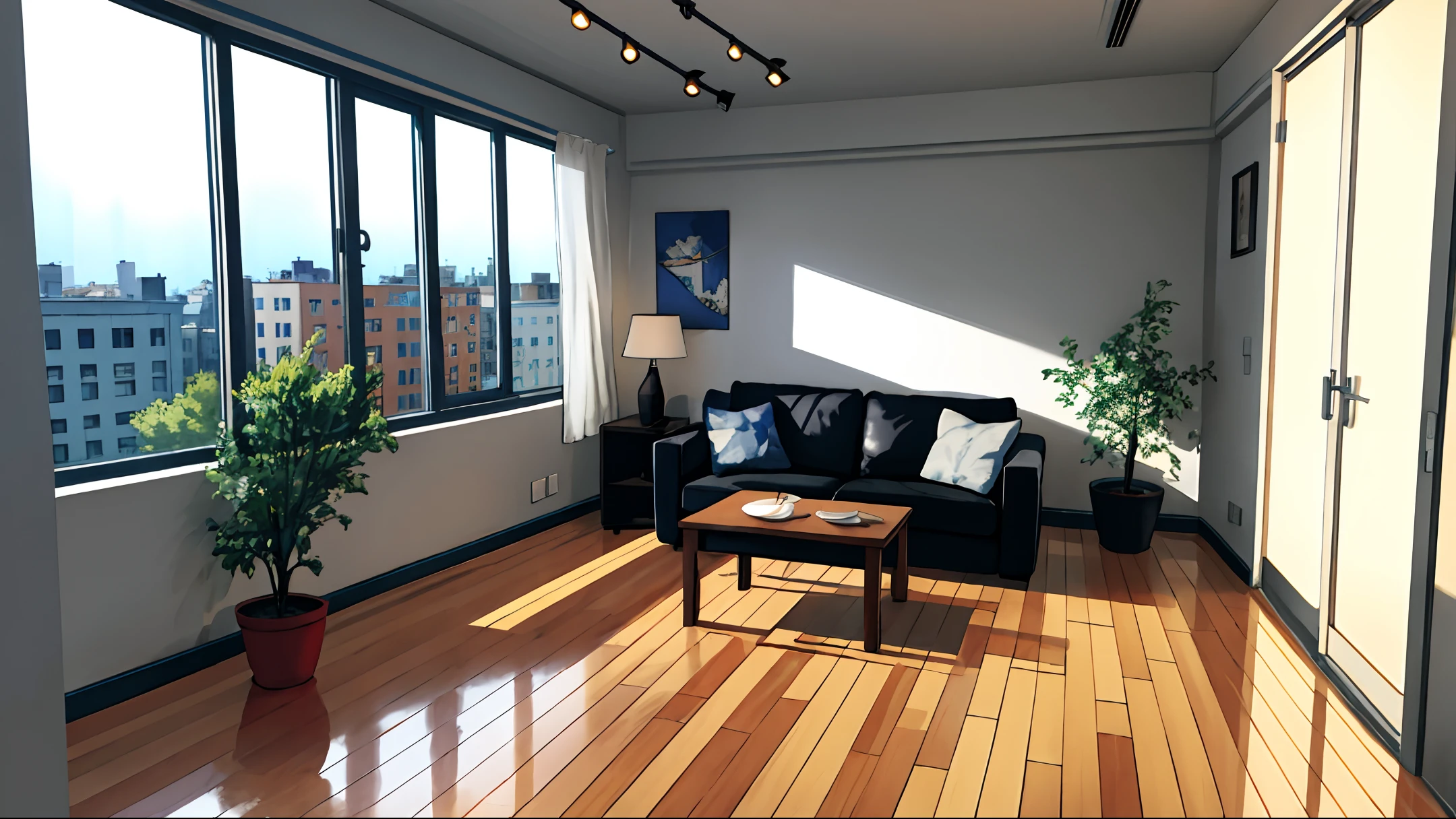 room introduction, masterpiece, realistic, ultra detailed, absurdres, 50mm, (dynamic lighting:1.2), no humans, indoor, room is not wet, rain, city, apartment, large window, table, indirect lighting, (brown sofa, chair, curtain, foliage plant, rug, mug, snack, building:0.7)