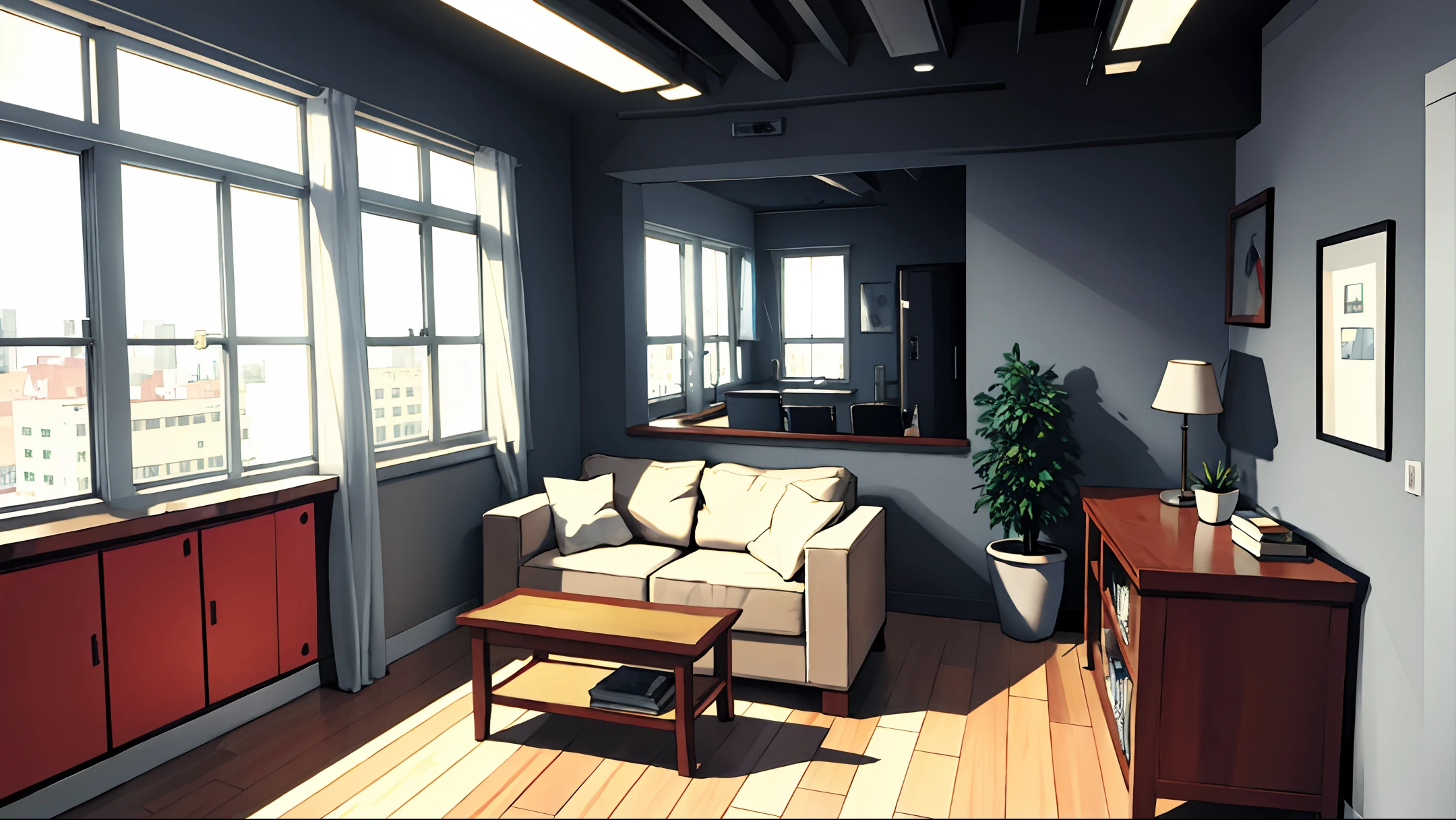 room introduction, masterpiece, realistic, ultra detailed, absurdres, 50mm, (dynamic lighting:1.2), no humans, indoor, city, apartment, large window, table, indirect lighting, (brown sofa, chair, curtain, foliage plant, rug, mug, snack, building:0.7)