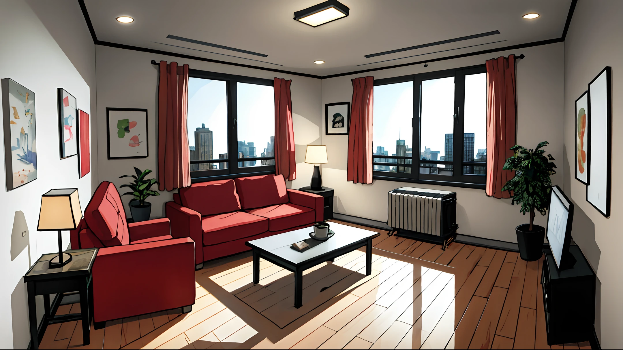 room introduction, masterpiece, realistic, ultra detailed, absurdres, 50mm, (dynamic lighting:1.2), no humans, indoor, city, apartment, large window, table, indirect lighting, (brown sofa, chair, curtain, foliage plant, rug, mug, snack, building:0.7)