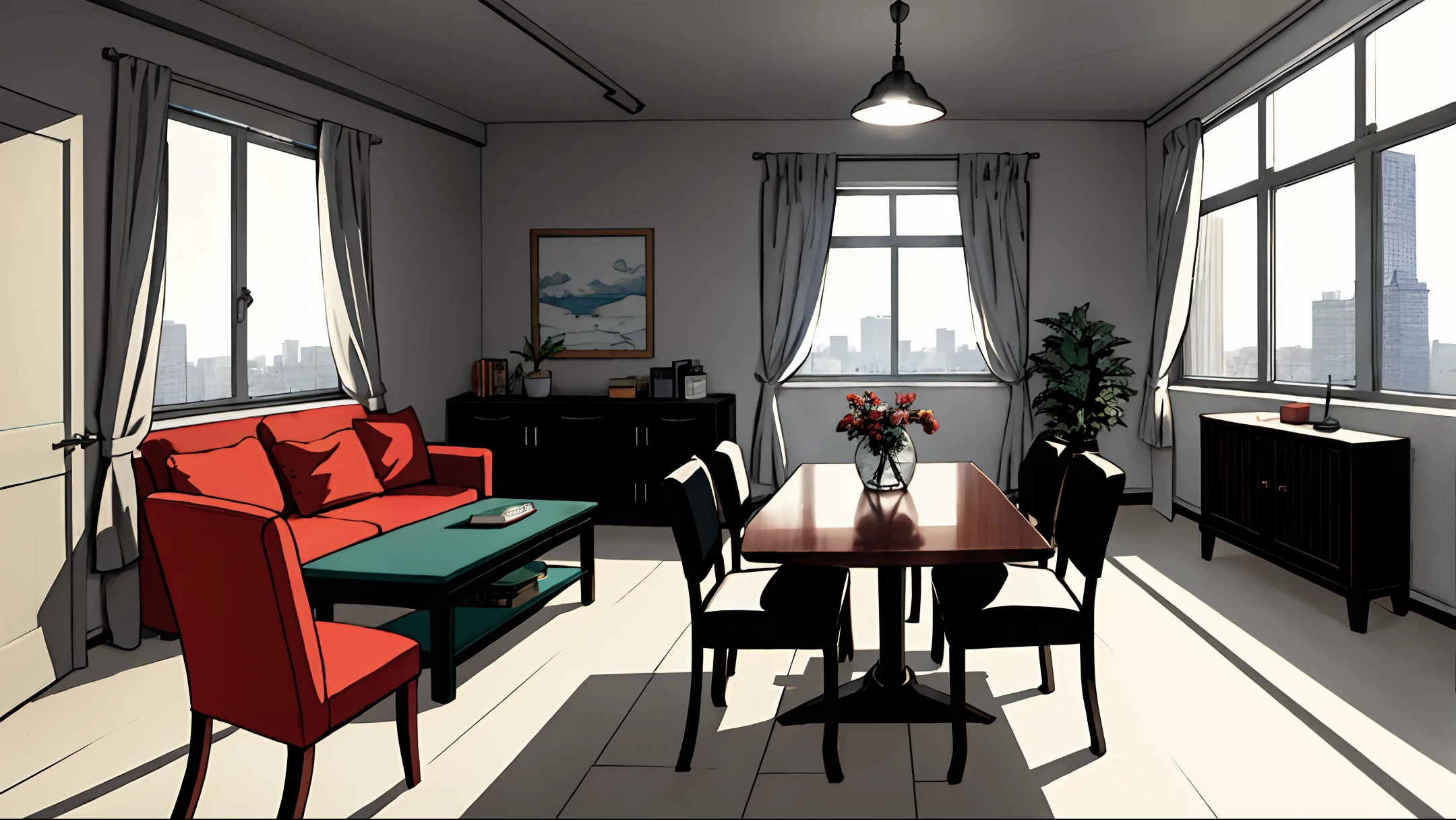 room introduction, masterpiece, realistic, ultra detailed, absurdres, 50mm, (dynamic lighting:1.2), no humans, indoor, city, apartment, large window, table, indirect lighting, (brown sofa, chair, curtain, foliage plant, rug, mug, snack, building:0.7)