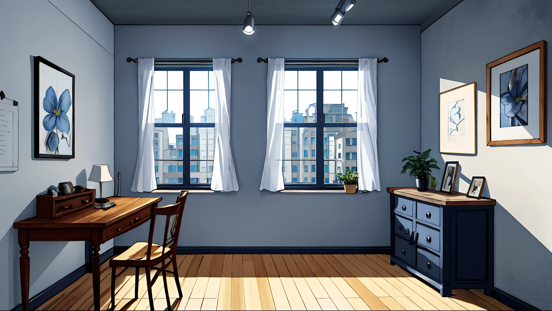 room introduction, masterpiece, realistic, ultra detailed, absurdres, 50mm, (dynamic lighting:1.2), no humans, indoor, city, apartment, large window, table, indirect lighting, (navy blue sofa, chair, curtain, foliage plant, rug, mug, snack, building:0.7)