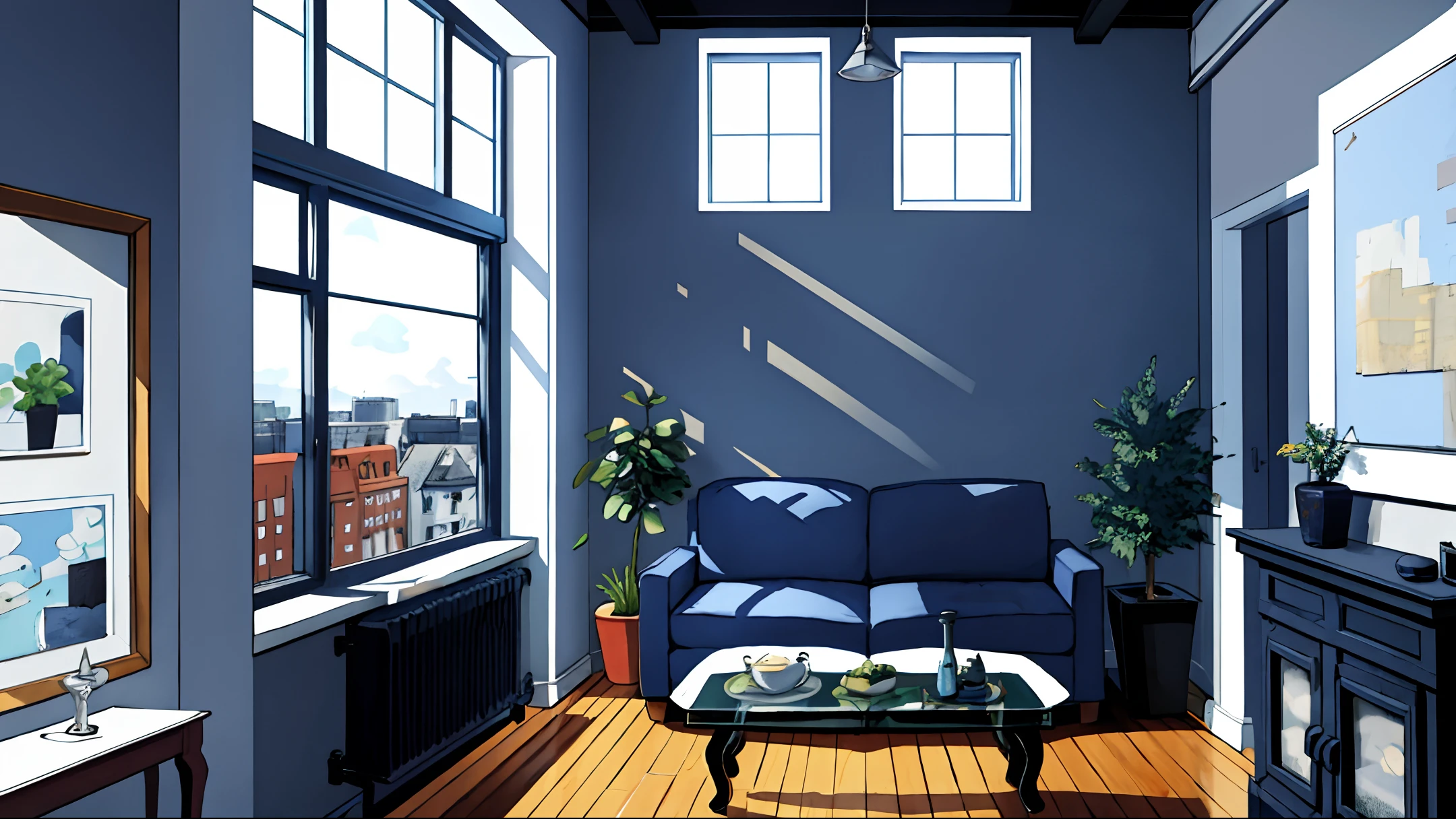 room introduction, masterpiece, realistic, ultra detailed, absurdres, 50mm, (dynamic lighting:1.2), no humans, indoor, city, apartment, large window, table, indirect lighting, (navy blue sofa, chair, curtain, foliage plant, rug, mug, snack, building:0.7)