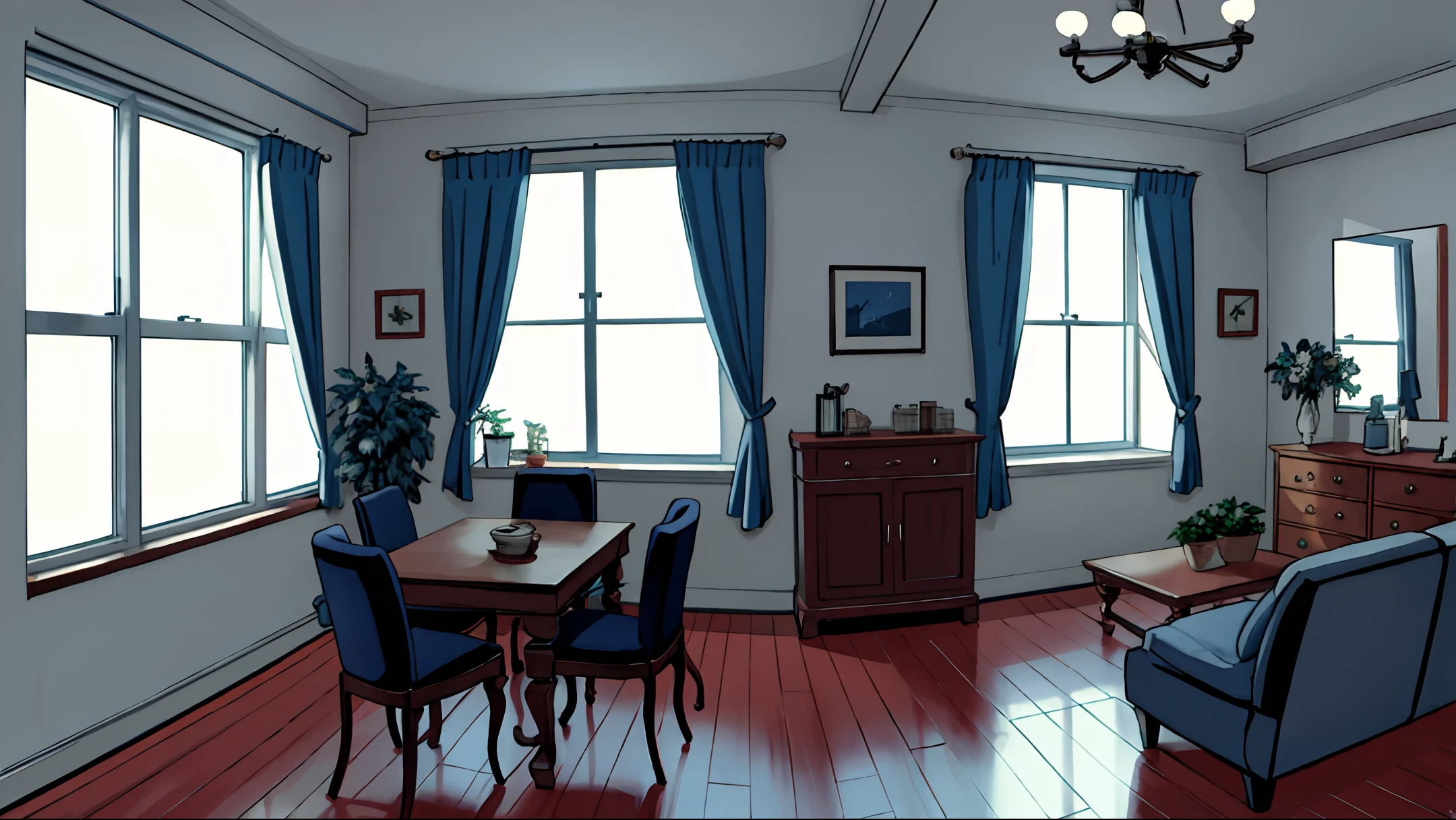 room introduction, masterpiece, realistic, ultra detailed, absurdres, 50mm, (dynamic lighting:1.2), no humans, indoor, city, apartment, large window, table, indirect lighting, (navy blue sofa, chair, curtain, foliage plant, rug, mug, snack, building:0.7)