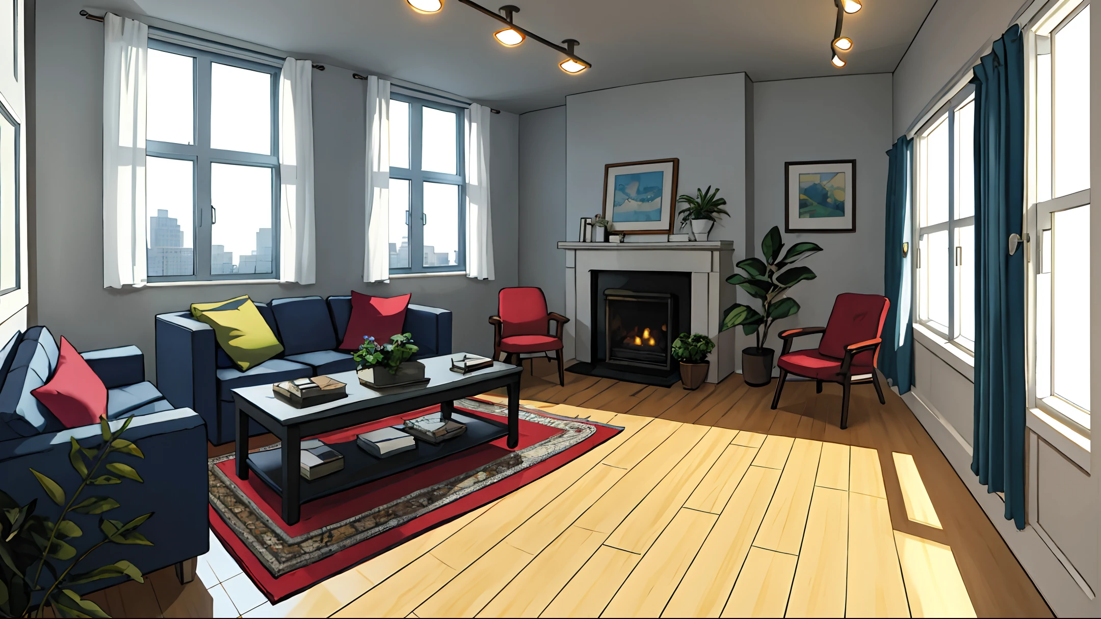 room introduction, masterpiece, realistic, ultra detailed, absurdres, 50mm, (dynamic lighting:1.2), no humans, indoor, city, apartment, large window, table, indirect lighting, (yellow green sofa, chair, curtain, foliage plant, rug, mug, snack, building:0.7)