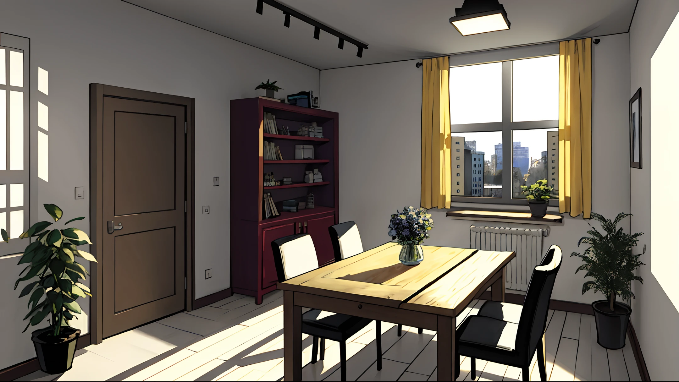 room introduction, masterpiece, realistic, ultra detailed, absurdres, 50mm, (dynamic lighting:1.2), no humans, indoor, city, apartment, large window, table, indirect lighting, (yellow sofa, chair, curtain, foliage plant, rug, mug, snack, building:0.7)