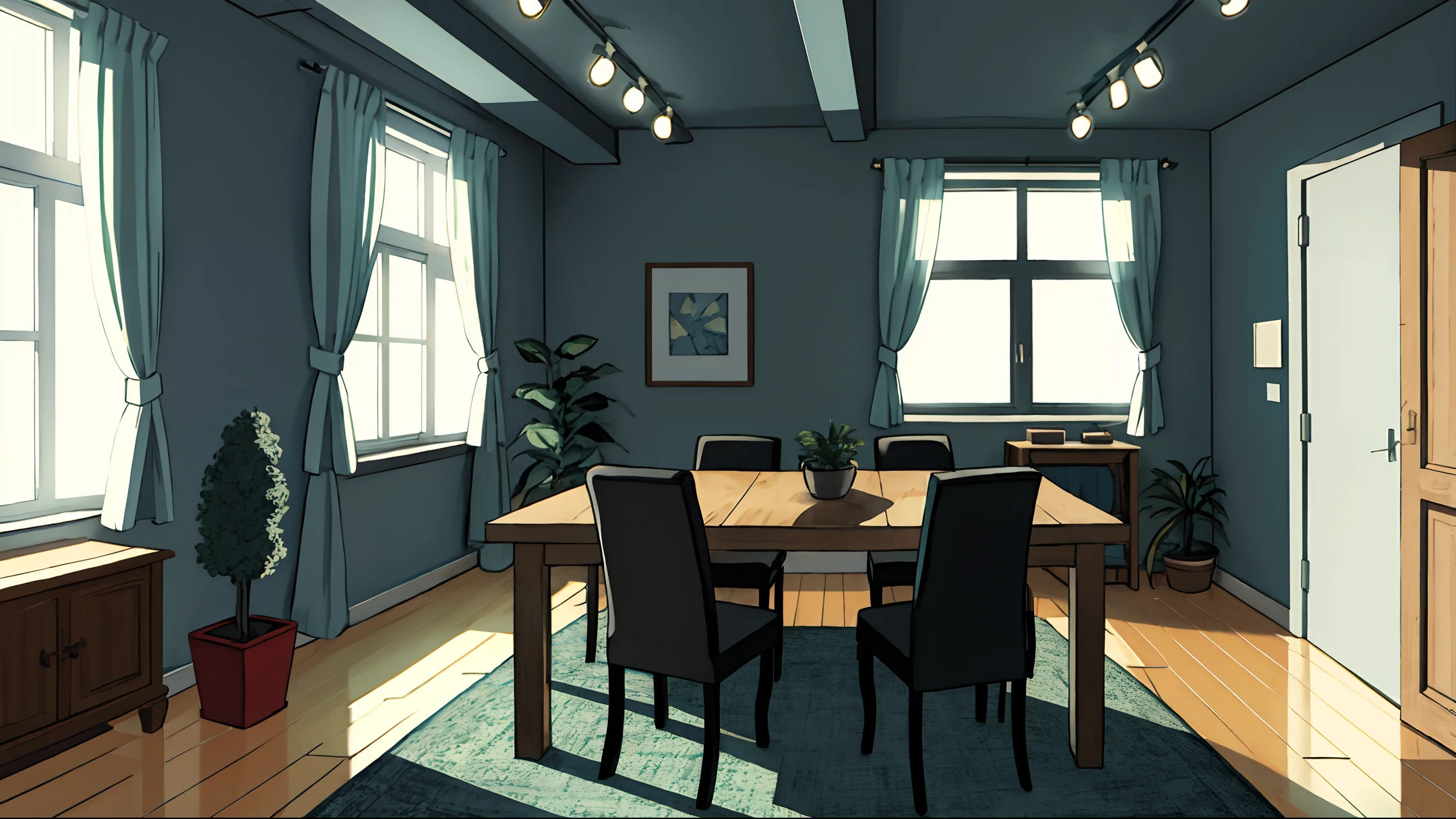 room introduction, masterpiece, realistic, ultra detailed, absurdres, 50mm, (dynamic lighting:1.2), night, no humans, indoor, city, apartment, large window, table, indirect lighting, (dark green sofa, chair, curtain, foliage plant, rug, mug, snack, building:0.7)